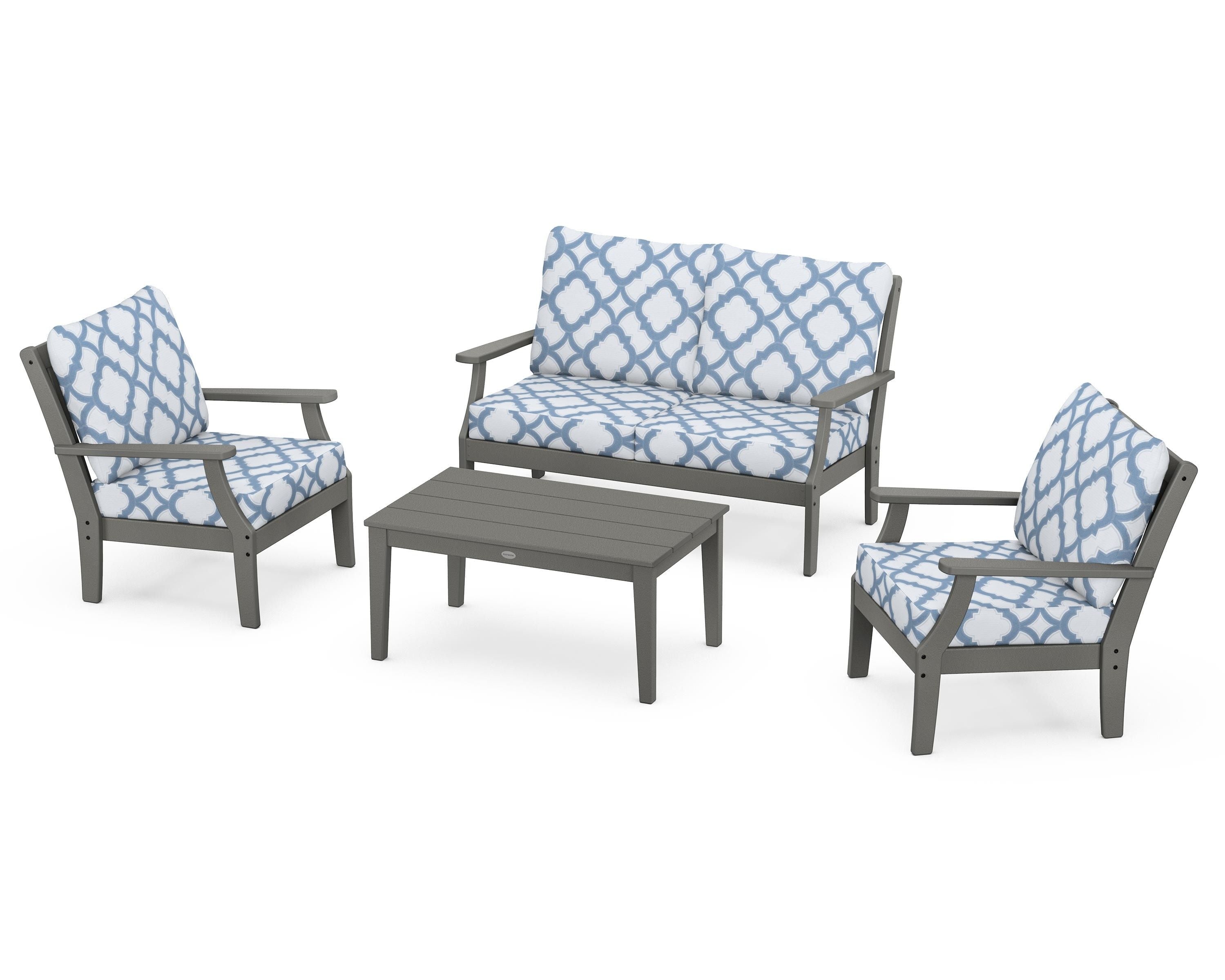 POLYWOOD® Braxton 4-Piece Deep Seating Chair Set in Slate Grey / Trellis Sky Blue