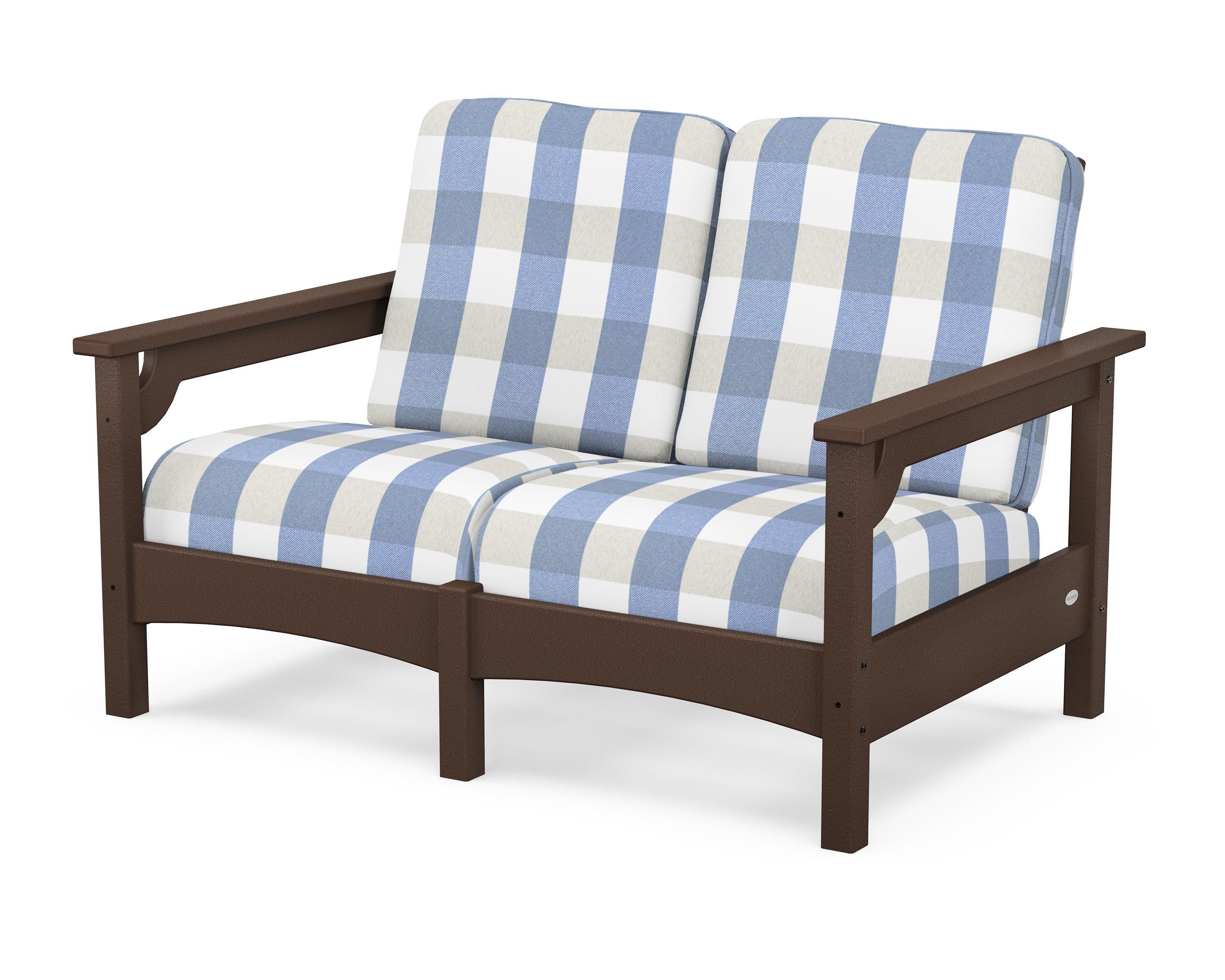 POLYWOOD® Club Loveseat in Mahogany / Buffalo Plaid Sky Blue