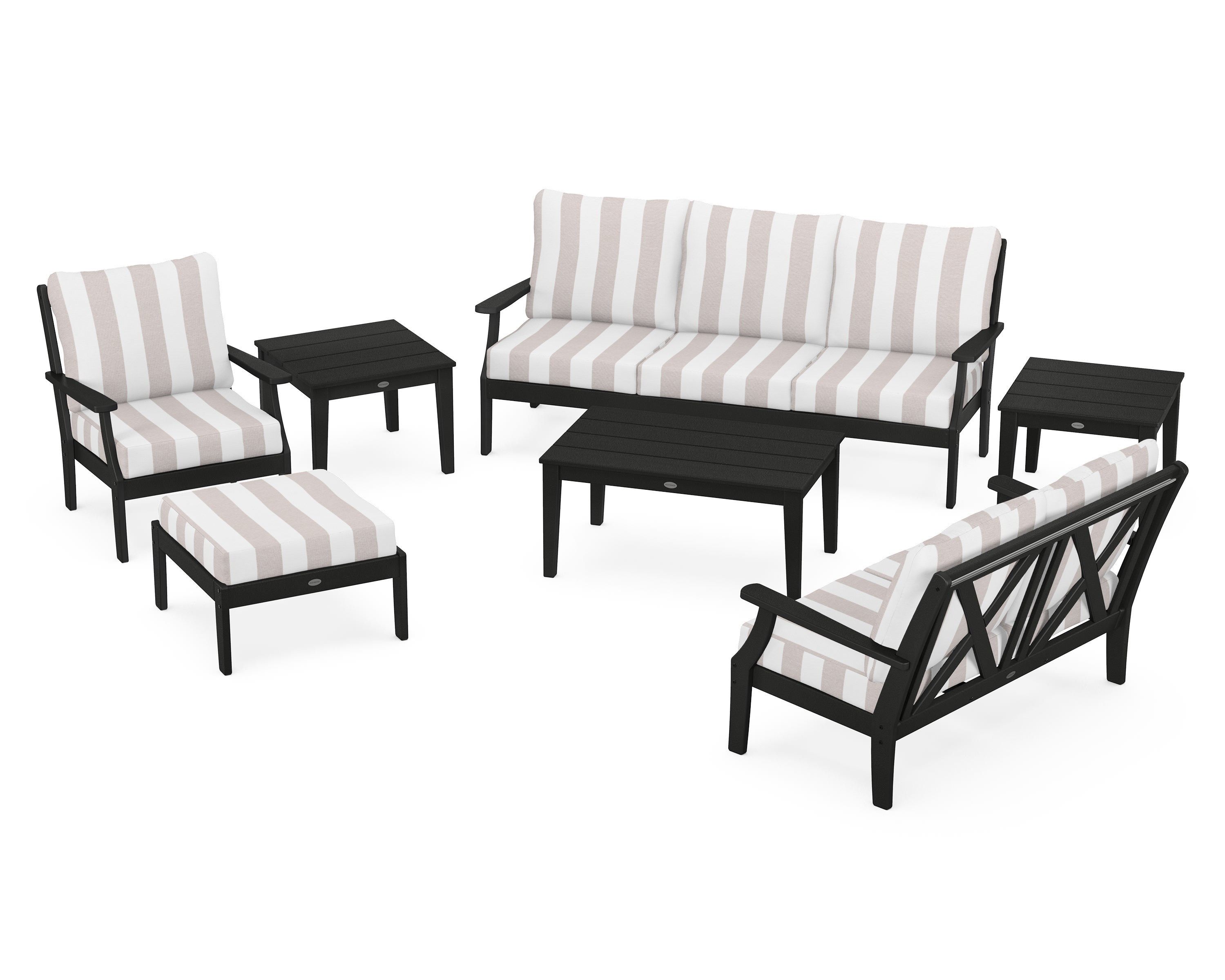 POLYWOOD® Braxton 7-Piece Deep Seating Set in Black / Cabana Stripe Dune Burlap