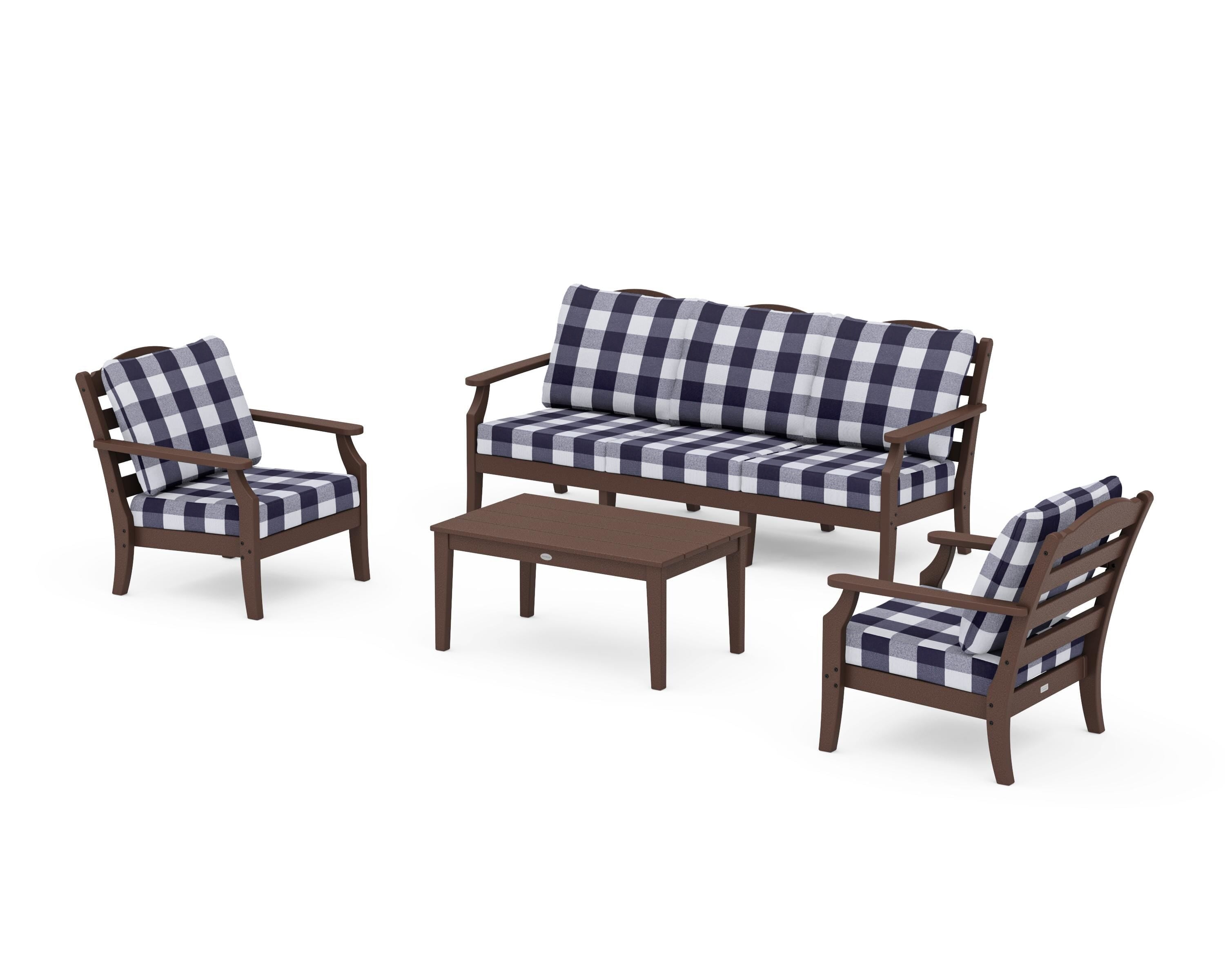 Draper James™ by POLYWOOD® Savannah 4-Piece Deep Seating Set with Sofa in Mahogany / Buffalo Plaid Navy