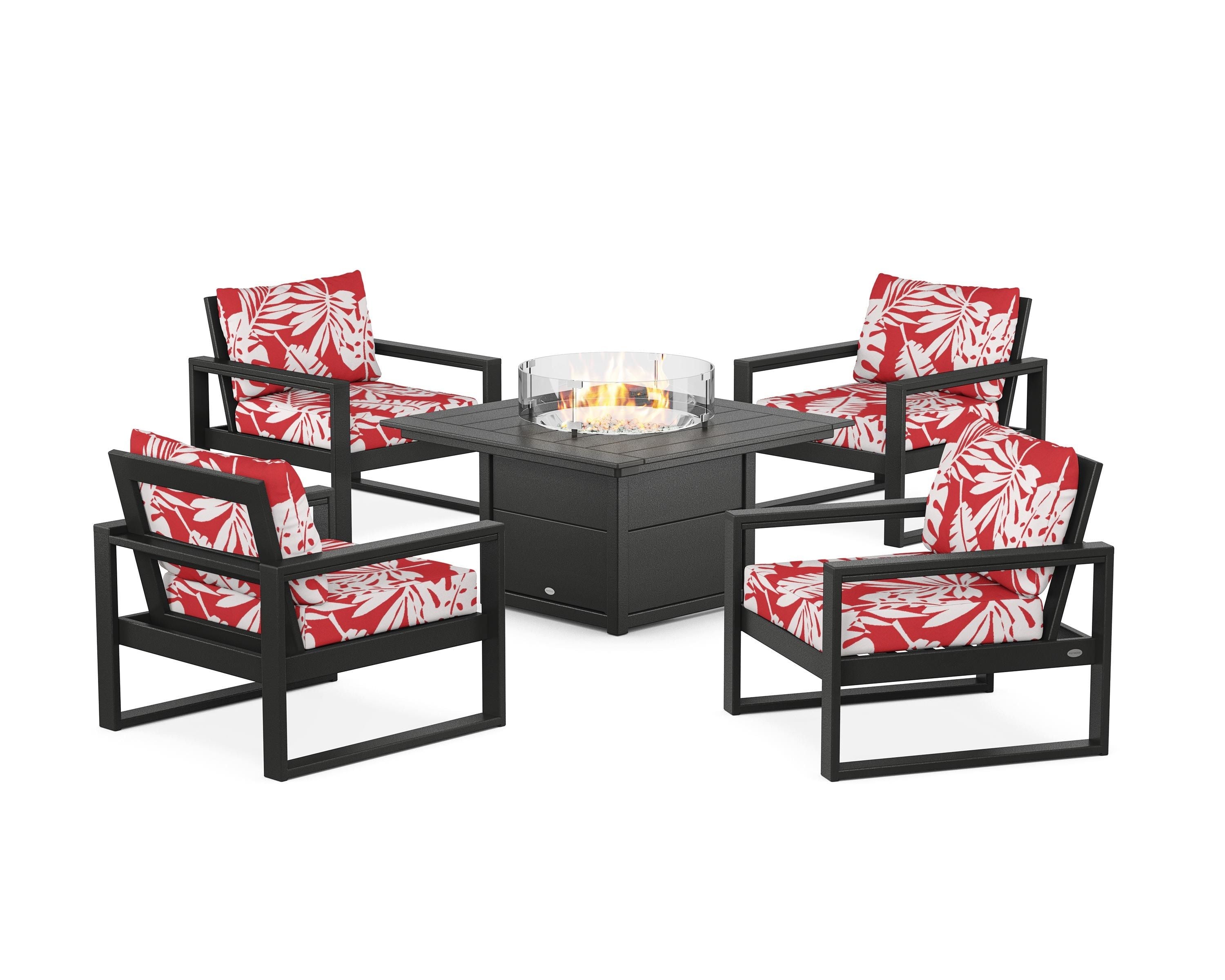 POLYWOOD® EDGE Sectional 5-Piece Deep Seating Set with Fire Pit Table in Black / Leaf Crimson