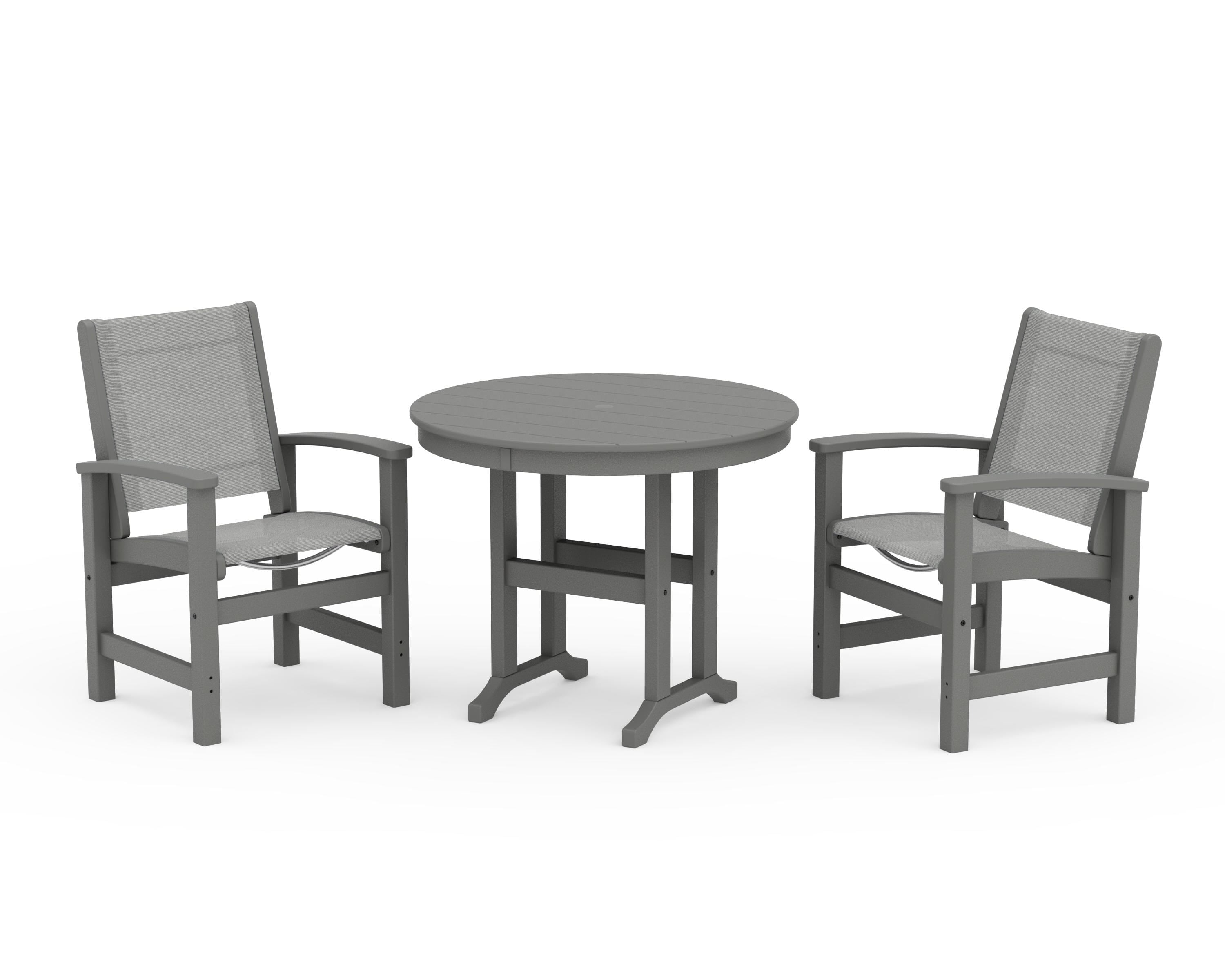 POLYWOOD® Coastal 3-Piece Round Dining Set in Slate Grey / Metallic Sling