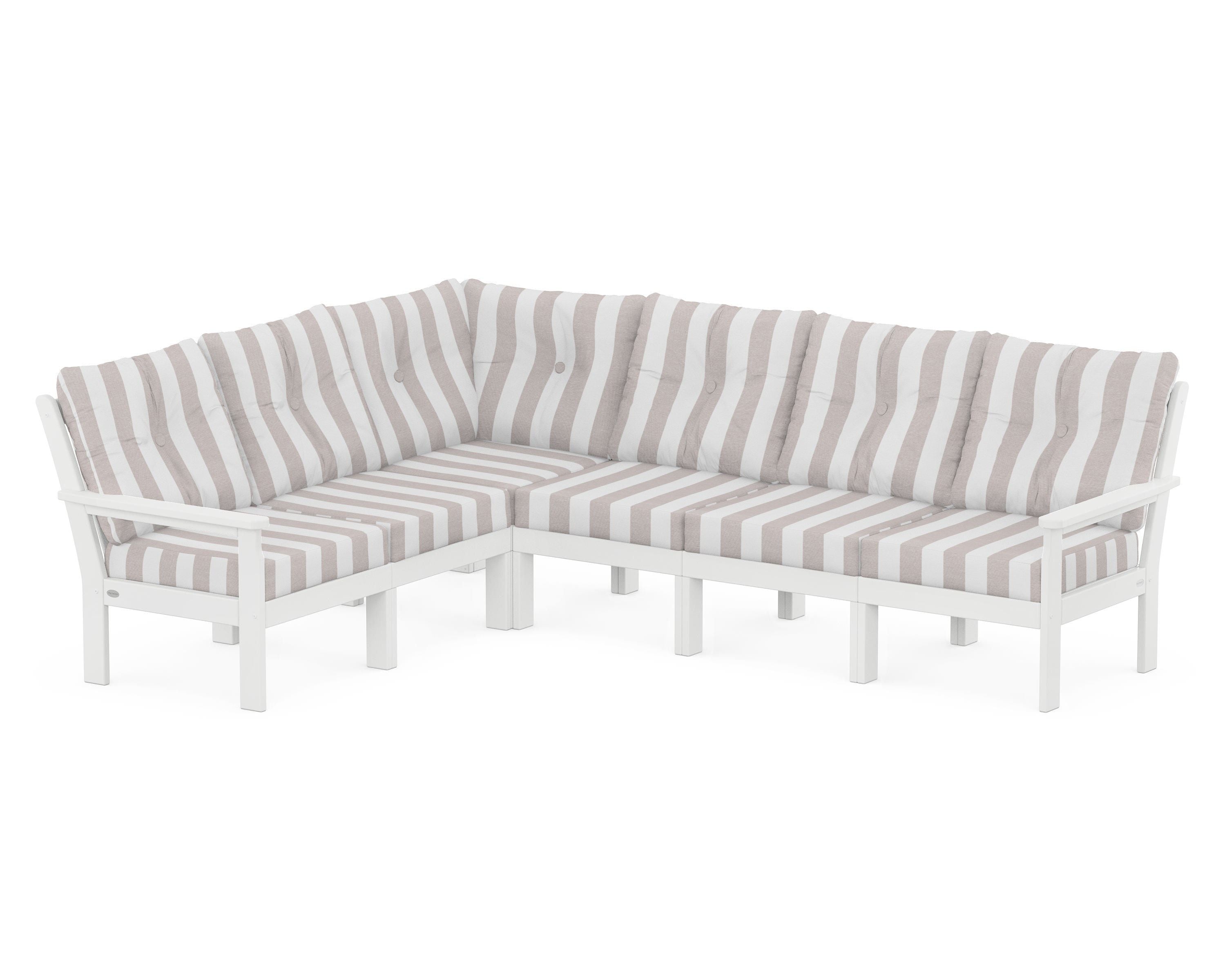 POLYWOOD® Vineyard 6-Piece Sectional in White / Cabana Stripe Dune Burlap
