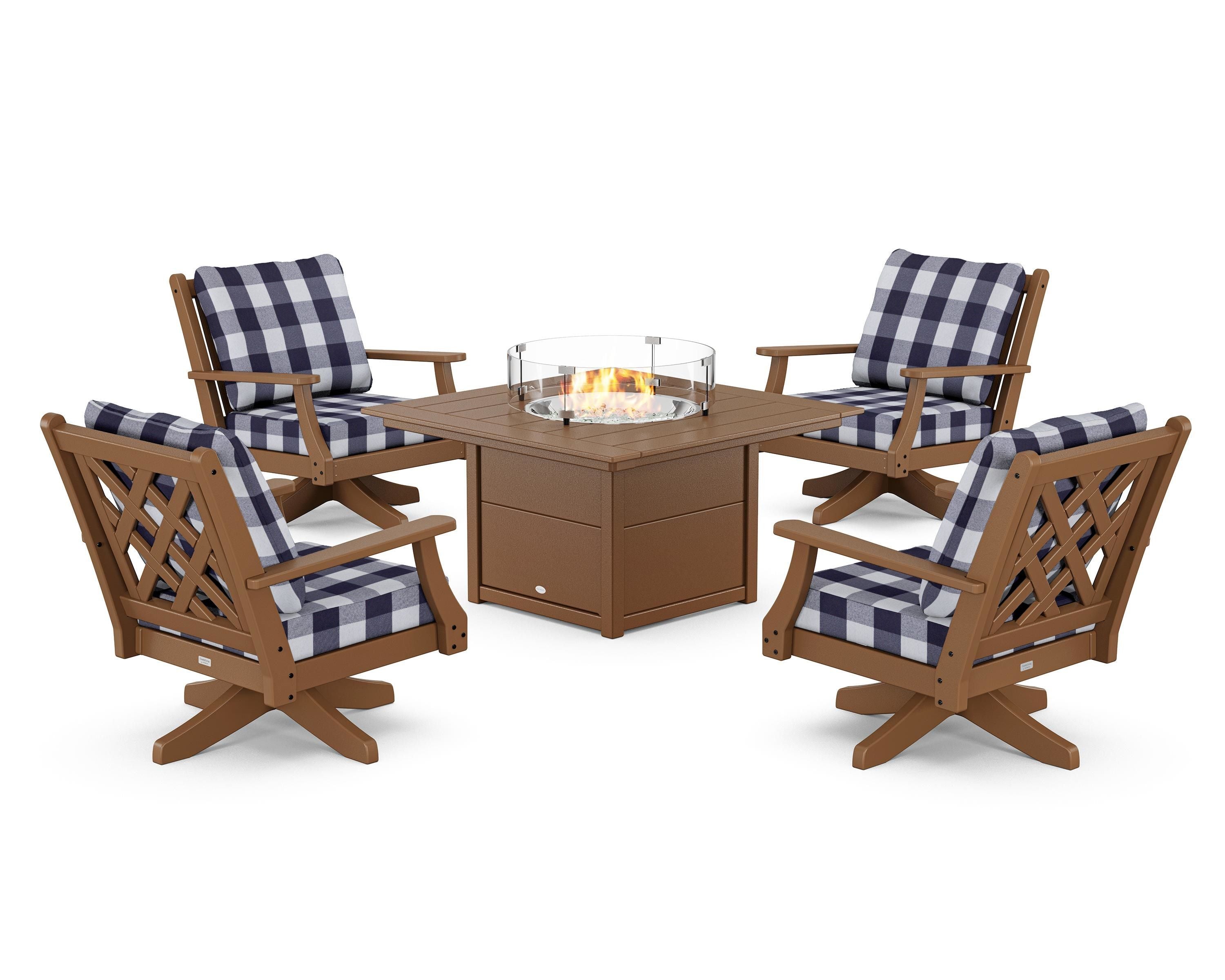 Country Living Wovendale 5-Piece Deep Seating Swivel Conversation Set with Fire Pit Table in Teak / Buffalo Plaid Navy
