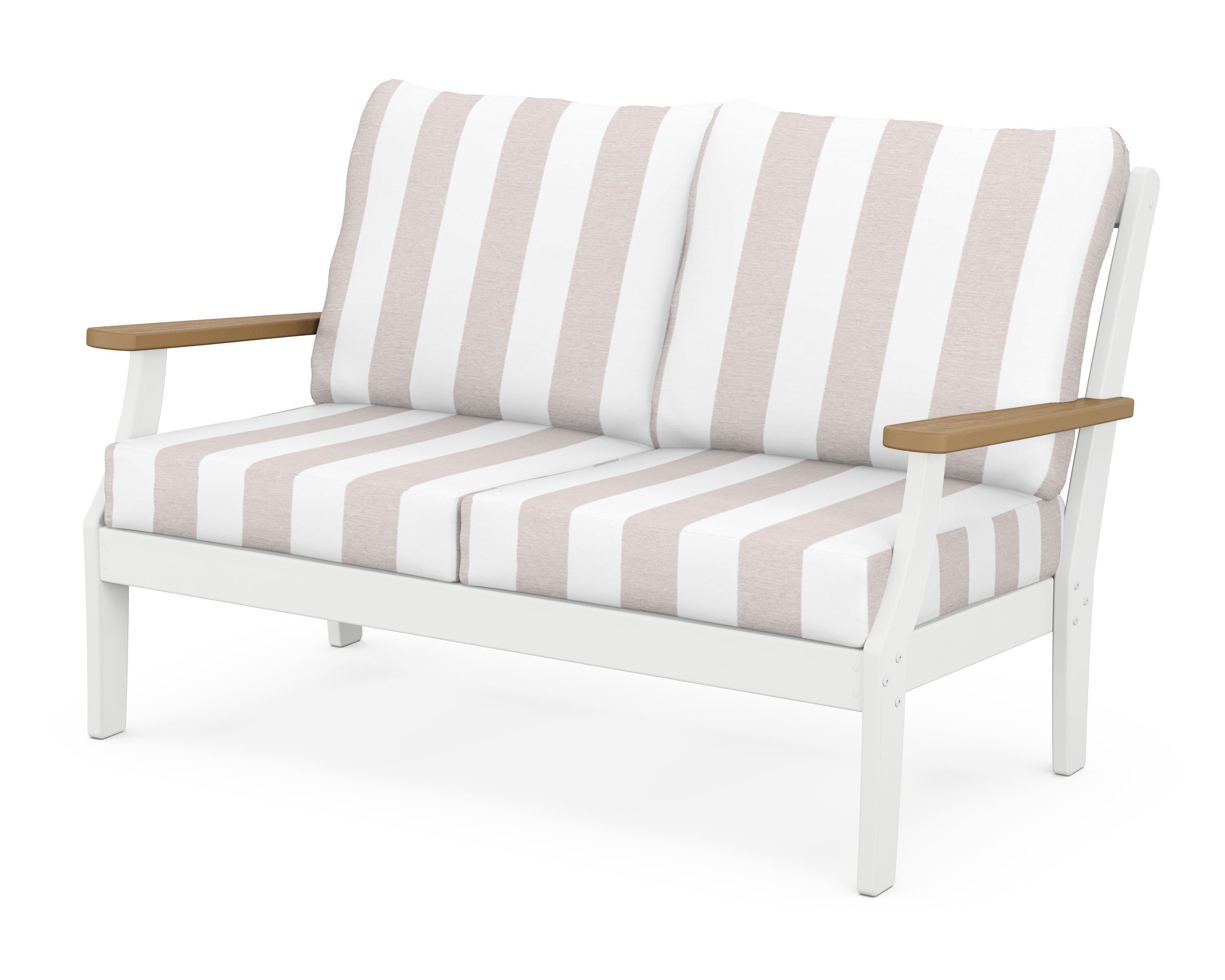 POLYWOOD® Braxton Deep Seating Loveseat in White / Natural / Cabana Stripe Dune Burlap