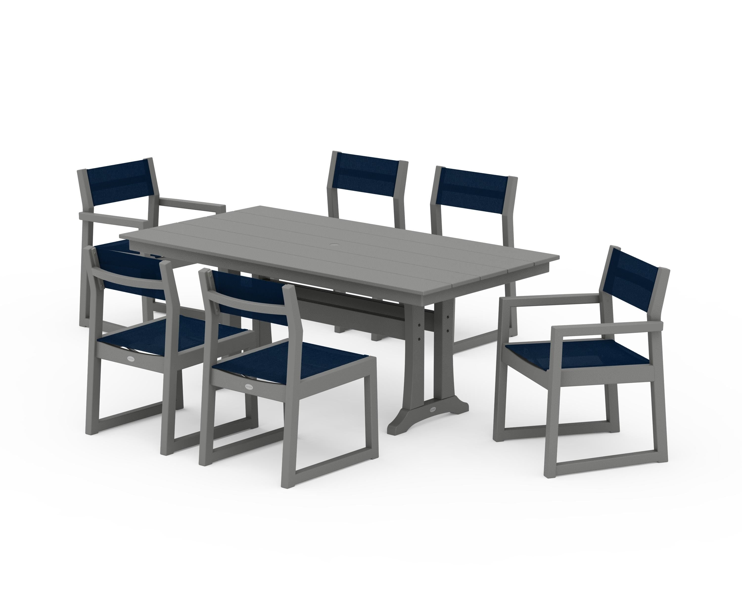 POLYWOOD® EDGE Sling 7-Piece Farmhouse Trestle Dining Set in Slate Grey / Navy Blue Sling