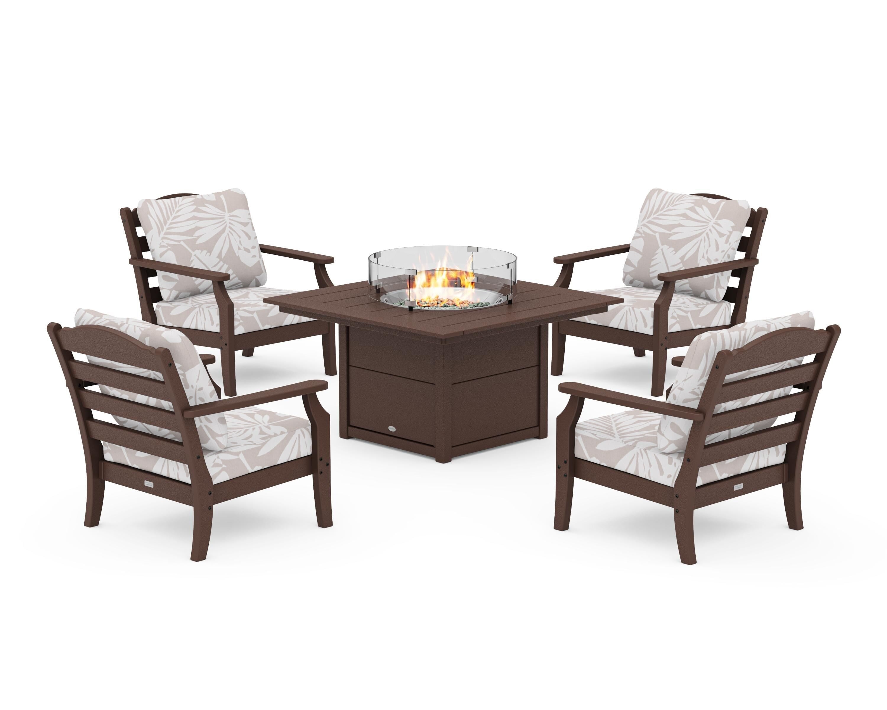 Draper James™ by POLYWOOD® Savannah 5-Piece Deep Seating Set with Fire Pit Table in Mahogany / Leaf Dune Burlap