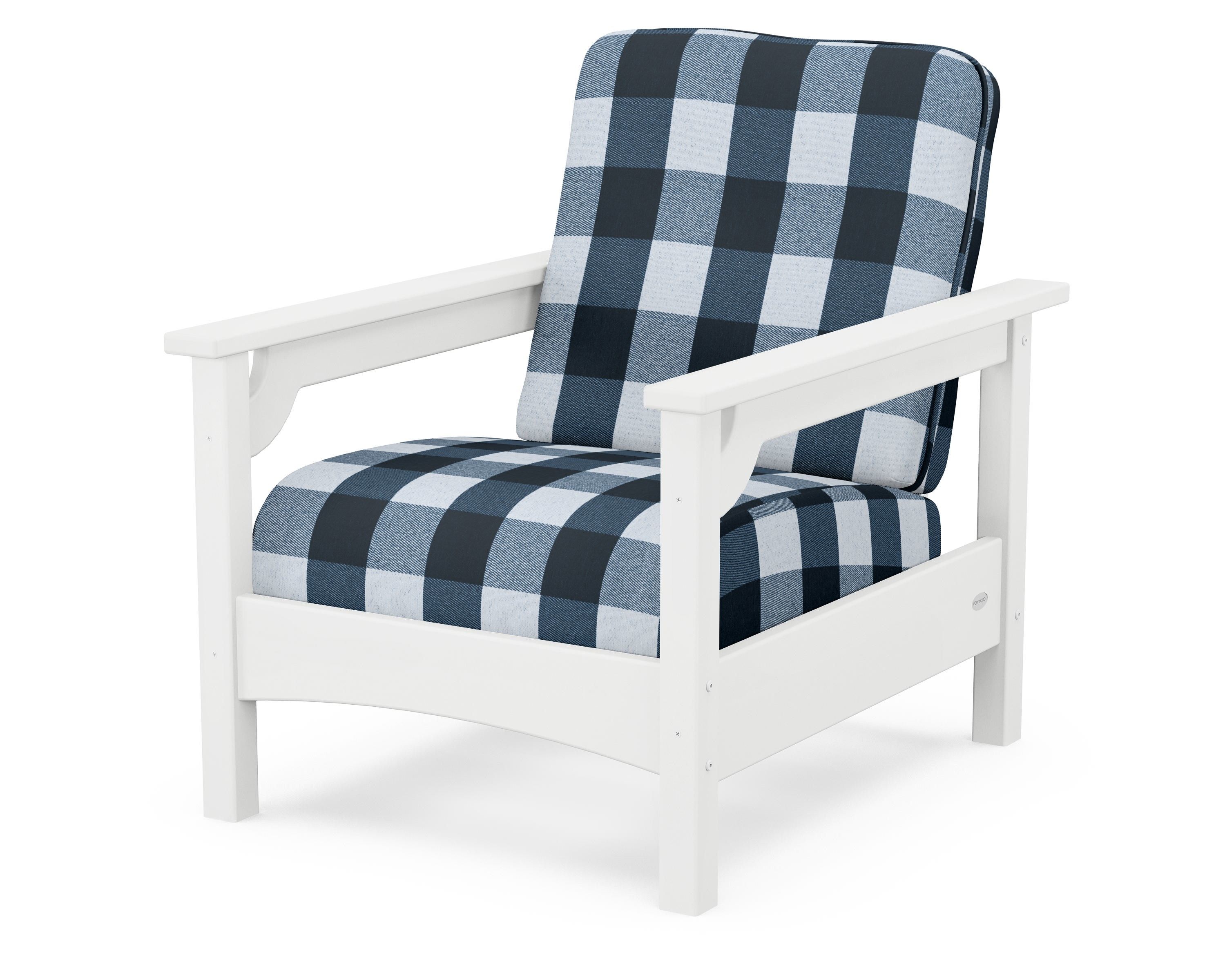 POLYWOOD® Club Chair in White / Buffalo Plaid Marine Indigo