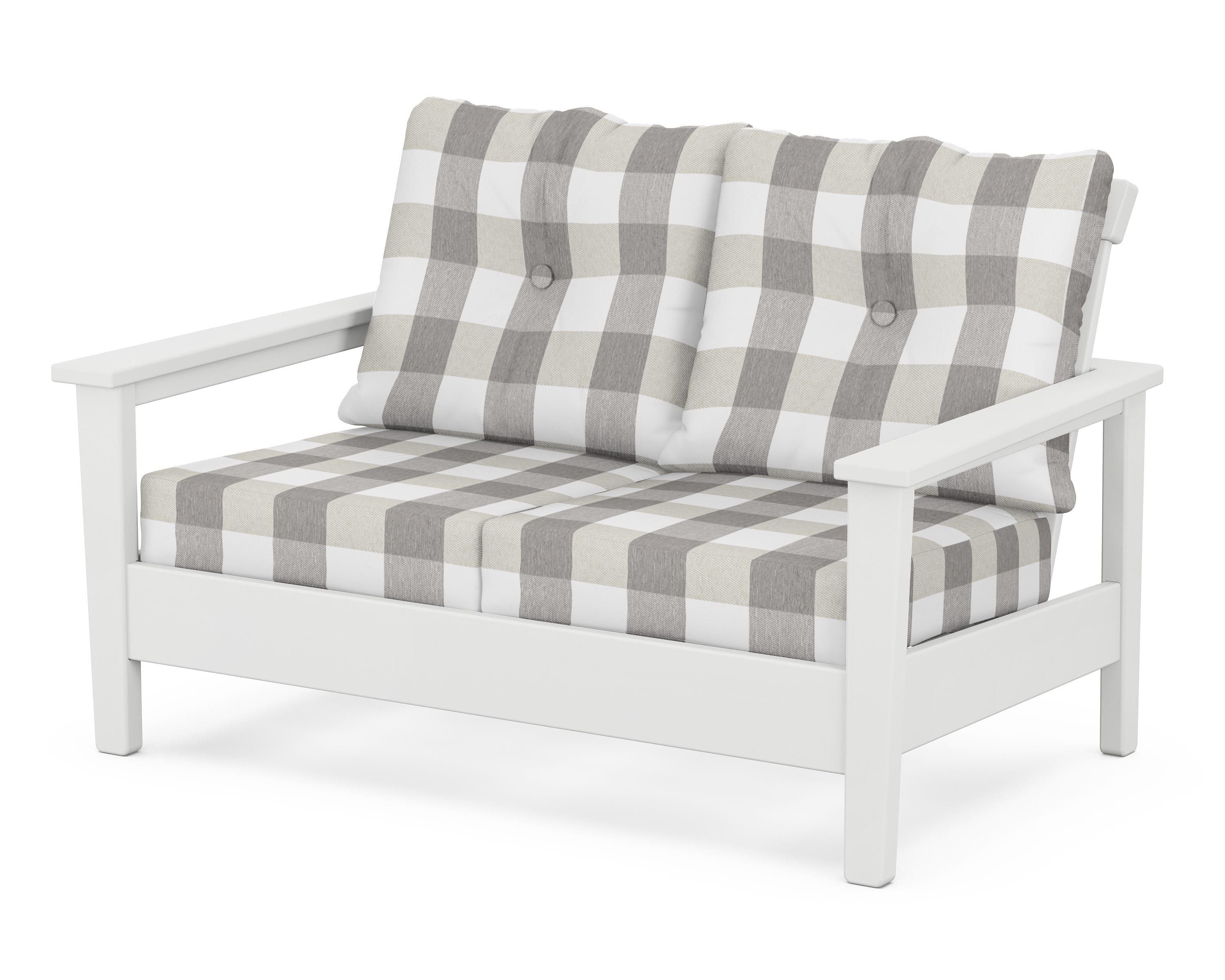 POLYWOOD® Prescott Deep Seating Loveseat in White / Buffalo Plaid Grey Mist