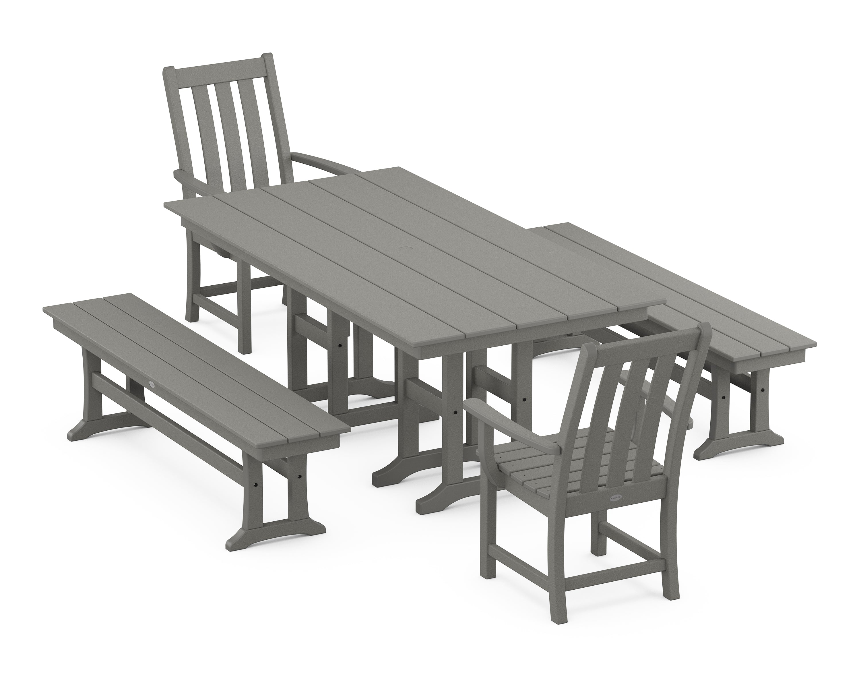 POLYWOOD® Vineyard 5-Piece Farmhouse Dining Set with Benches in Slate Grey