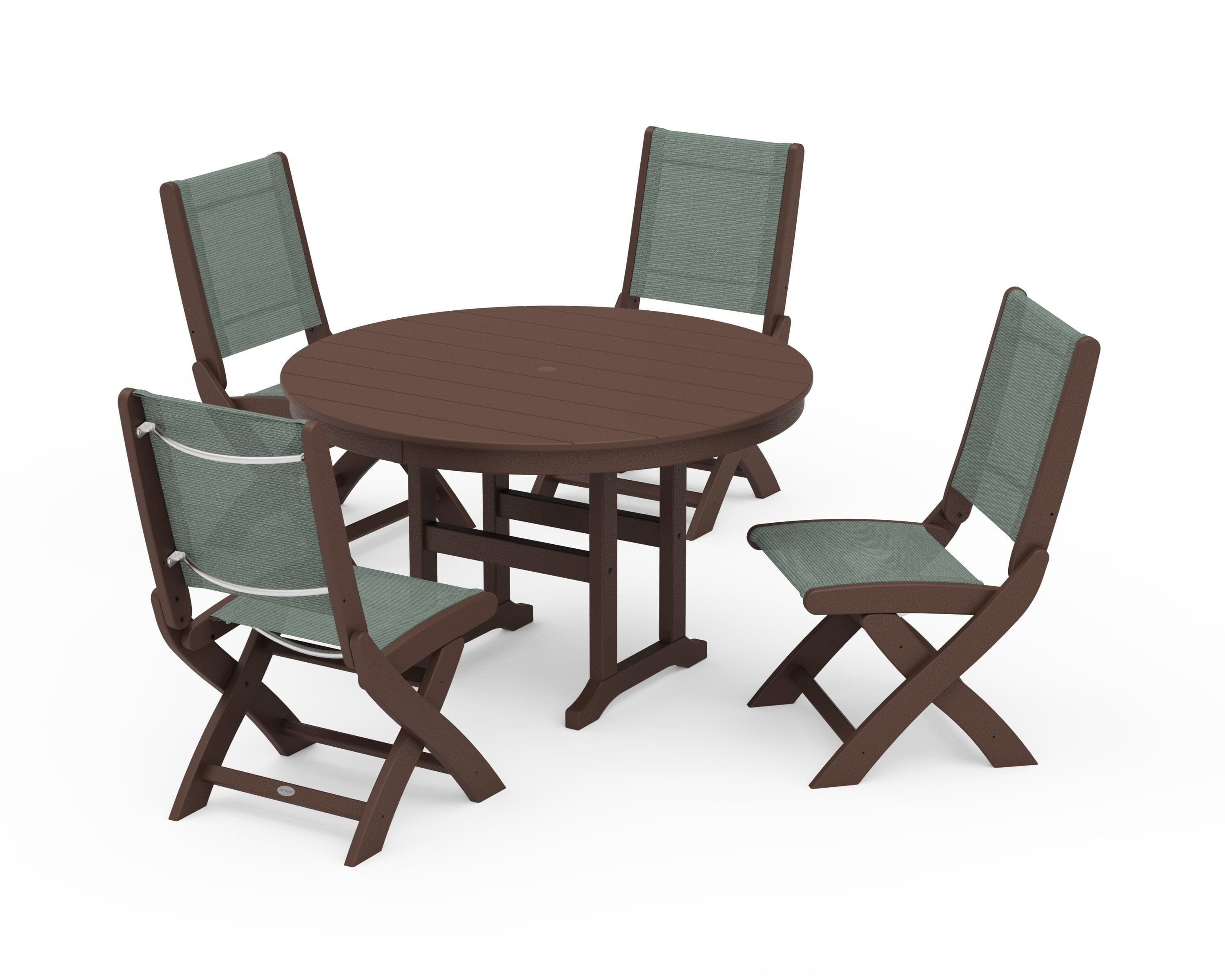 POLYWOOD® Coastal Folding Side Chair 5-Piece Round Dining Set in Mahogany / Dupioni Sea Mist Sling