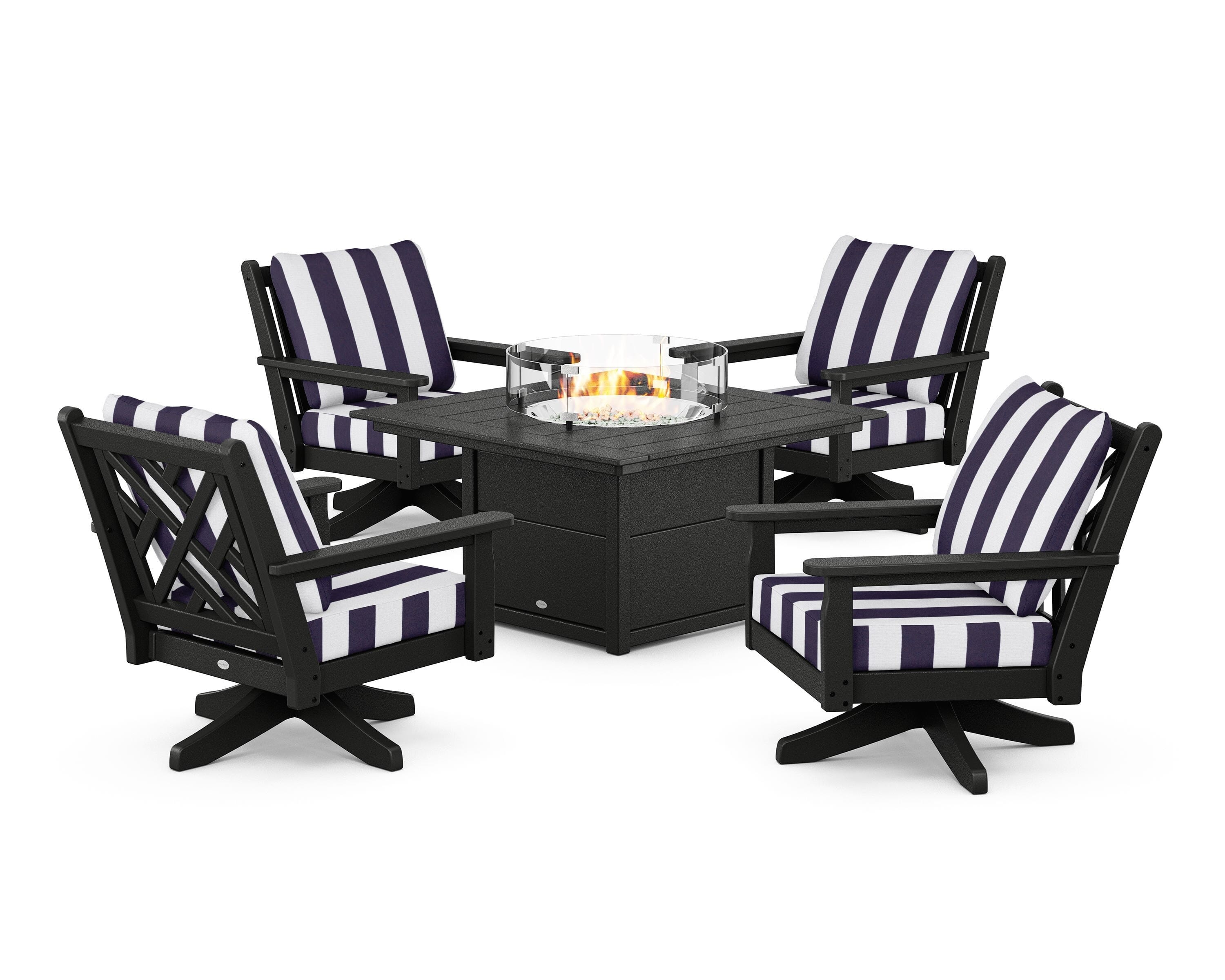 POLYWOOD® Chippendale 5-Piece Deep Seating Swivel Conversation Set with Fire Pit Table in Black / Cabana Stripe Navy