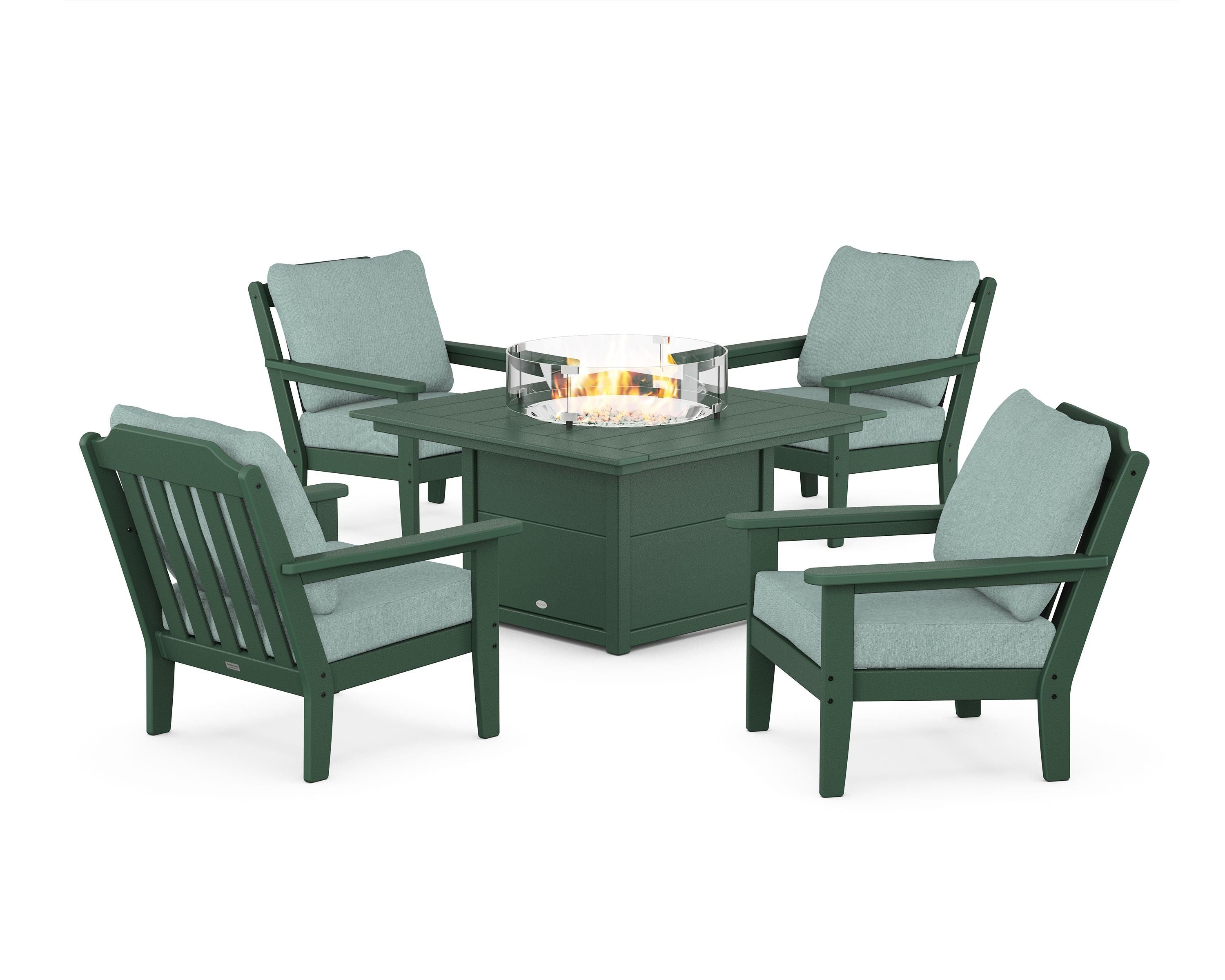 Country Living Cottage 5-Piece Deep Seating Set with Fire Pit Table in Green / Glacier Spa
