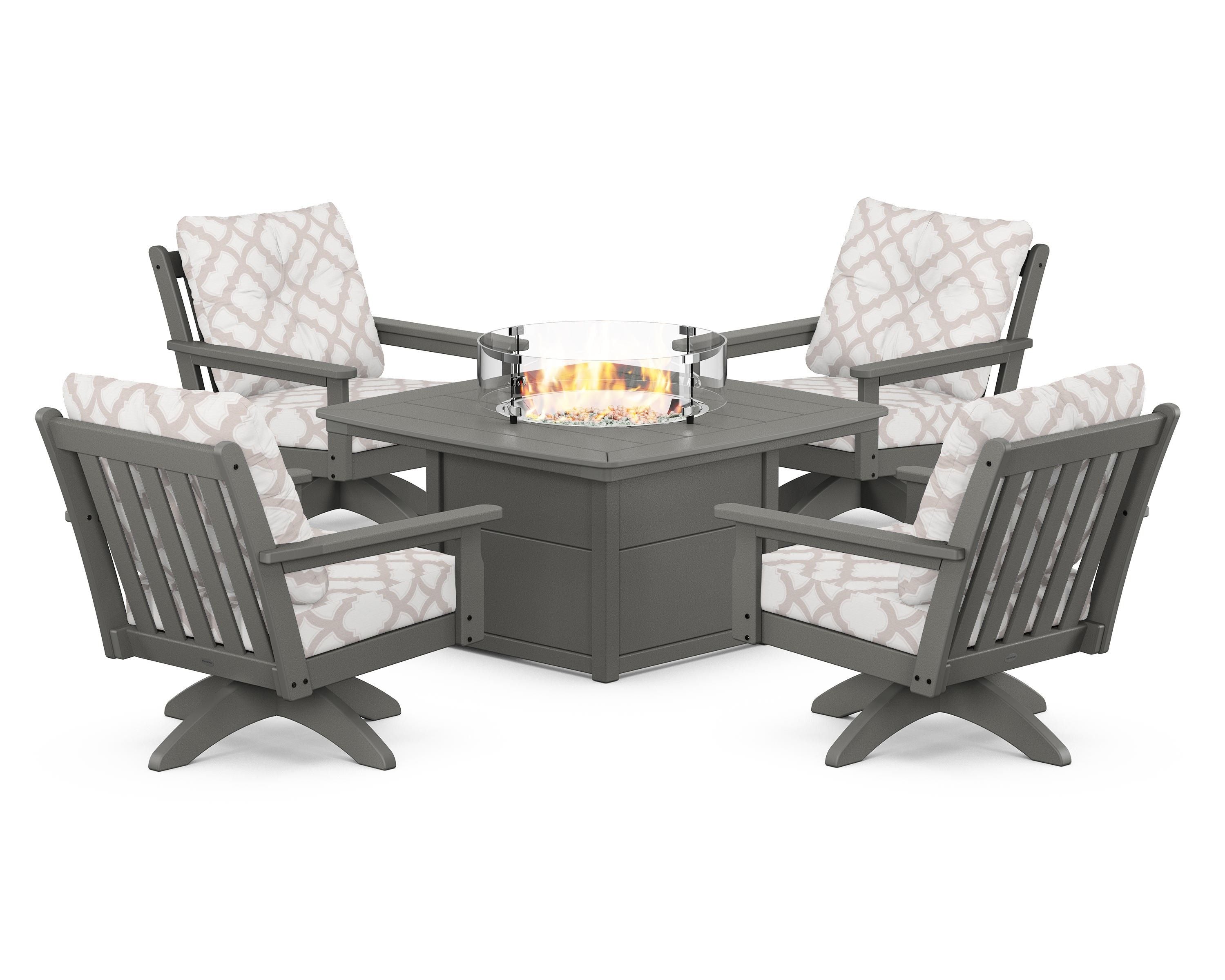 POLYWOOD® Vineyard 5-Piece Deep Seating Swivel Conversation Set with Fire Pit Table in Slate Grey / Trellis Dune Burlap