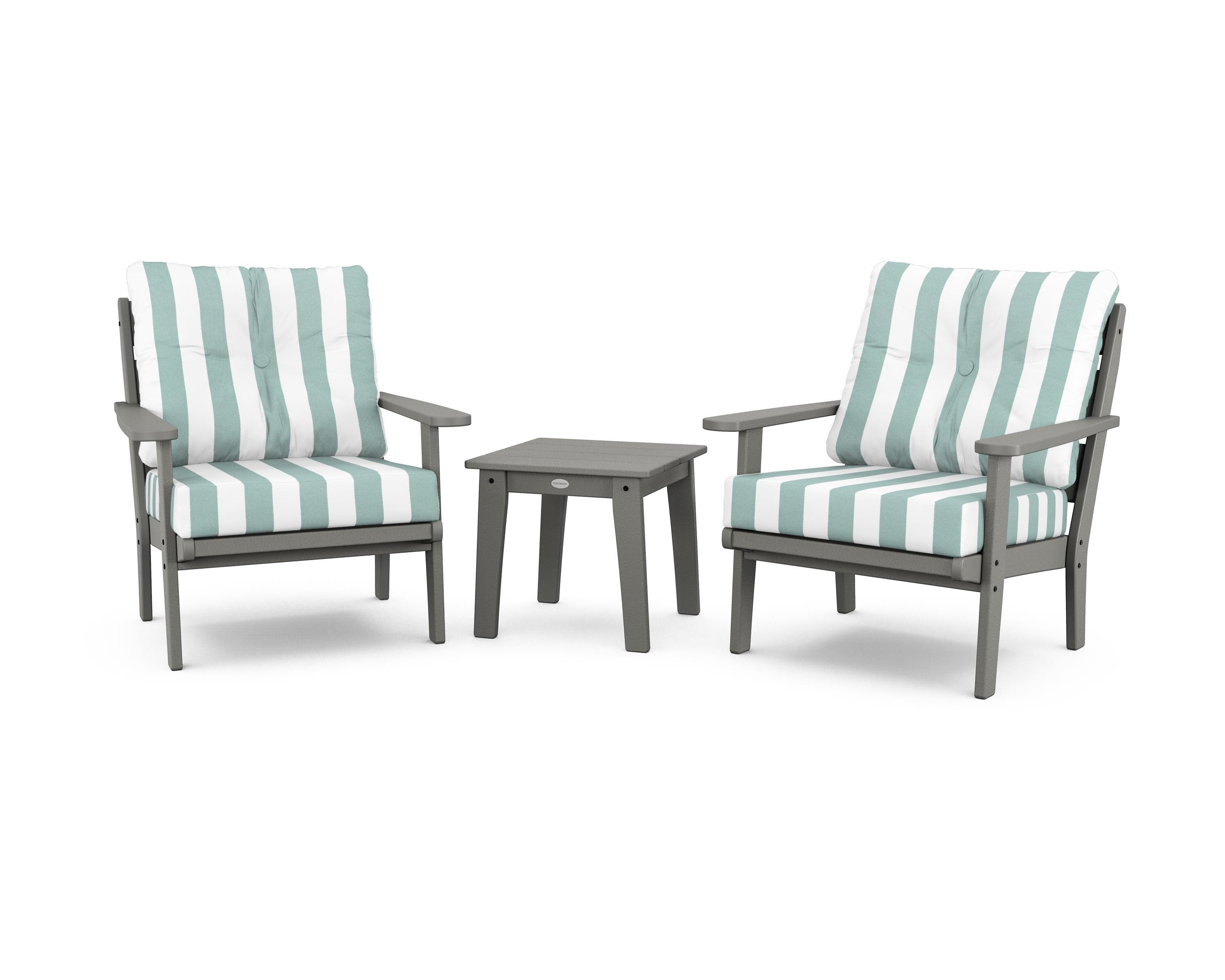 POLYWOOD® Lakeside 3-Piece Deep Seating Chair Set in Slate Grey / Cabana Stripe Glacier Spa