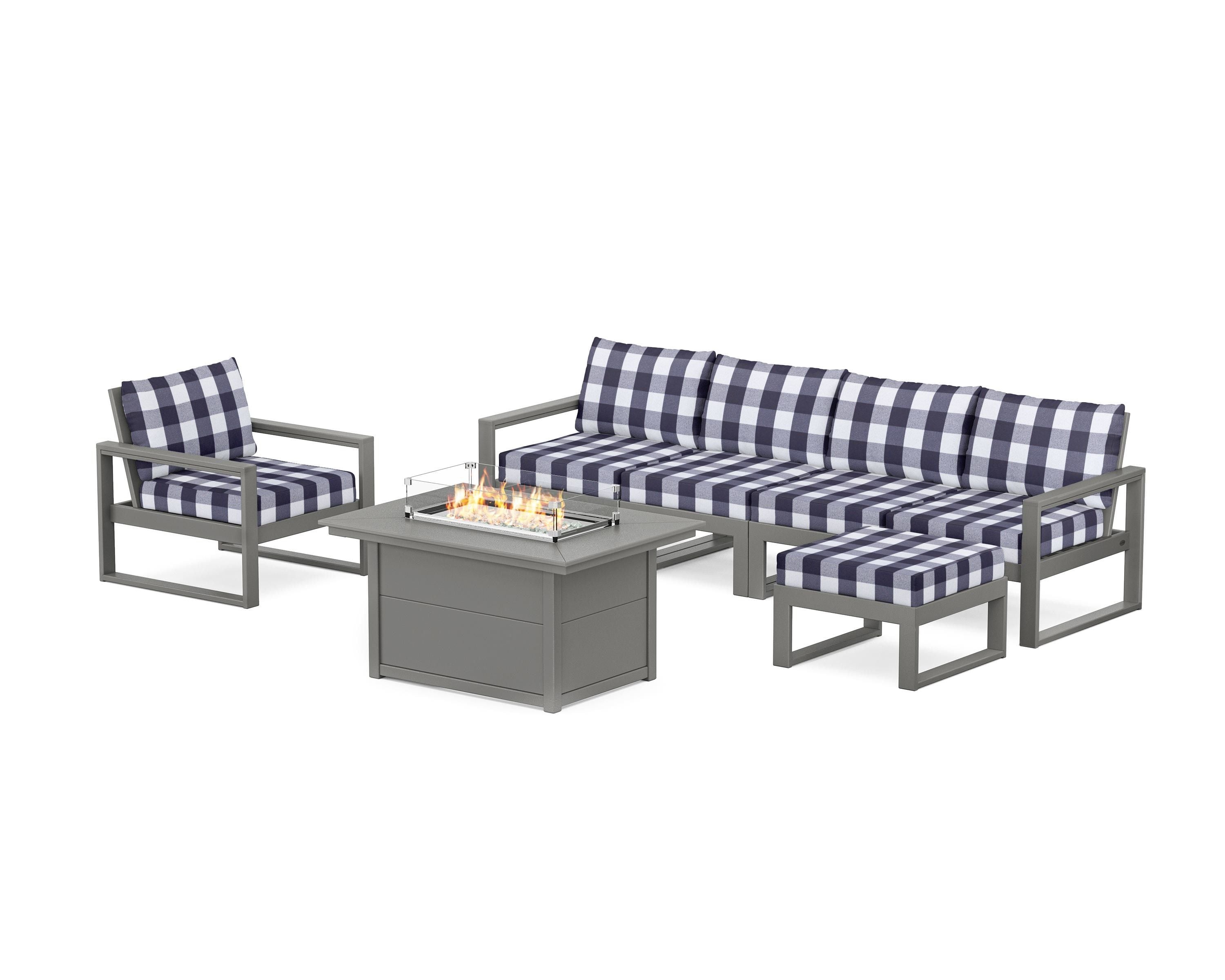 POLYWOOD® EDGE Sectional Lounge and Fire Pit Set in Slate Grey / Buffalo Plaid Navy