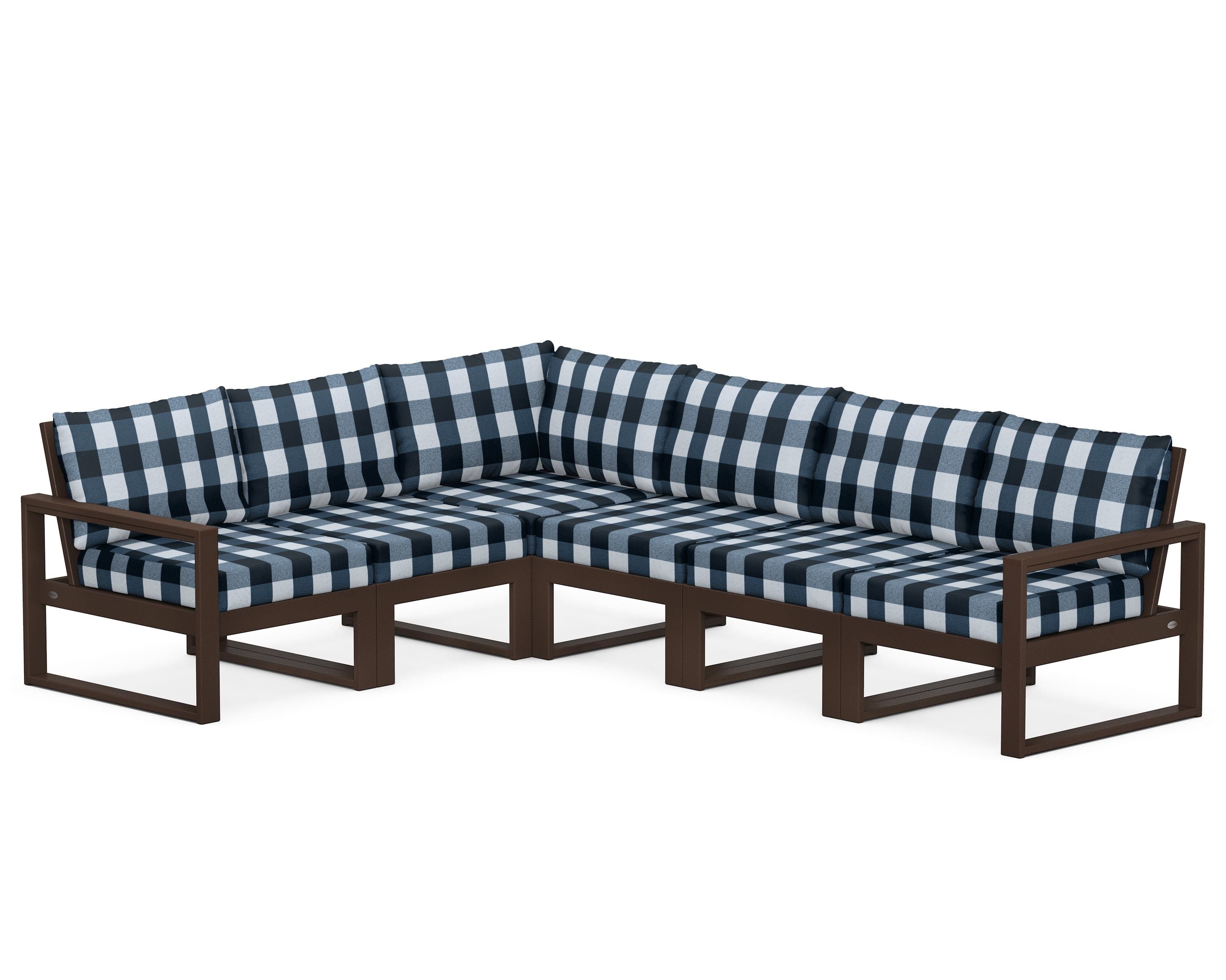 POLYWOOD® EDGE 6-Piece Modular Deep Seating Set in Mahogany / Buffalo Plaid Marine Indigo
