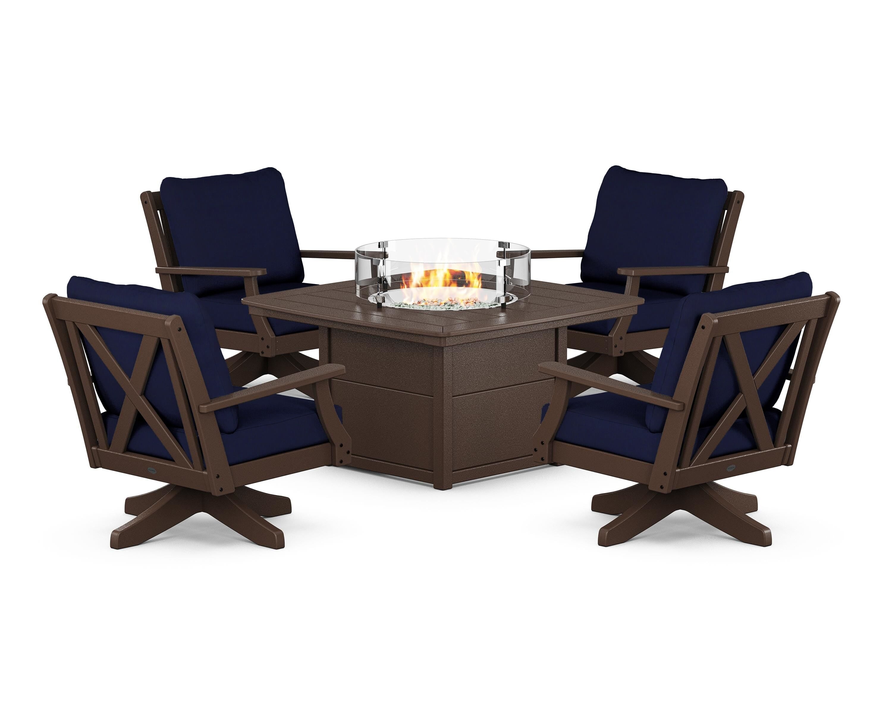 POLYWOOD® Braxton 5-Piece Deep Seating Swivel Conversation Set with Fire Pit Table in Mahogany / Navy