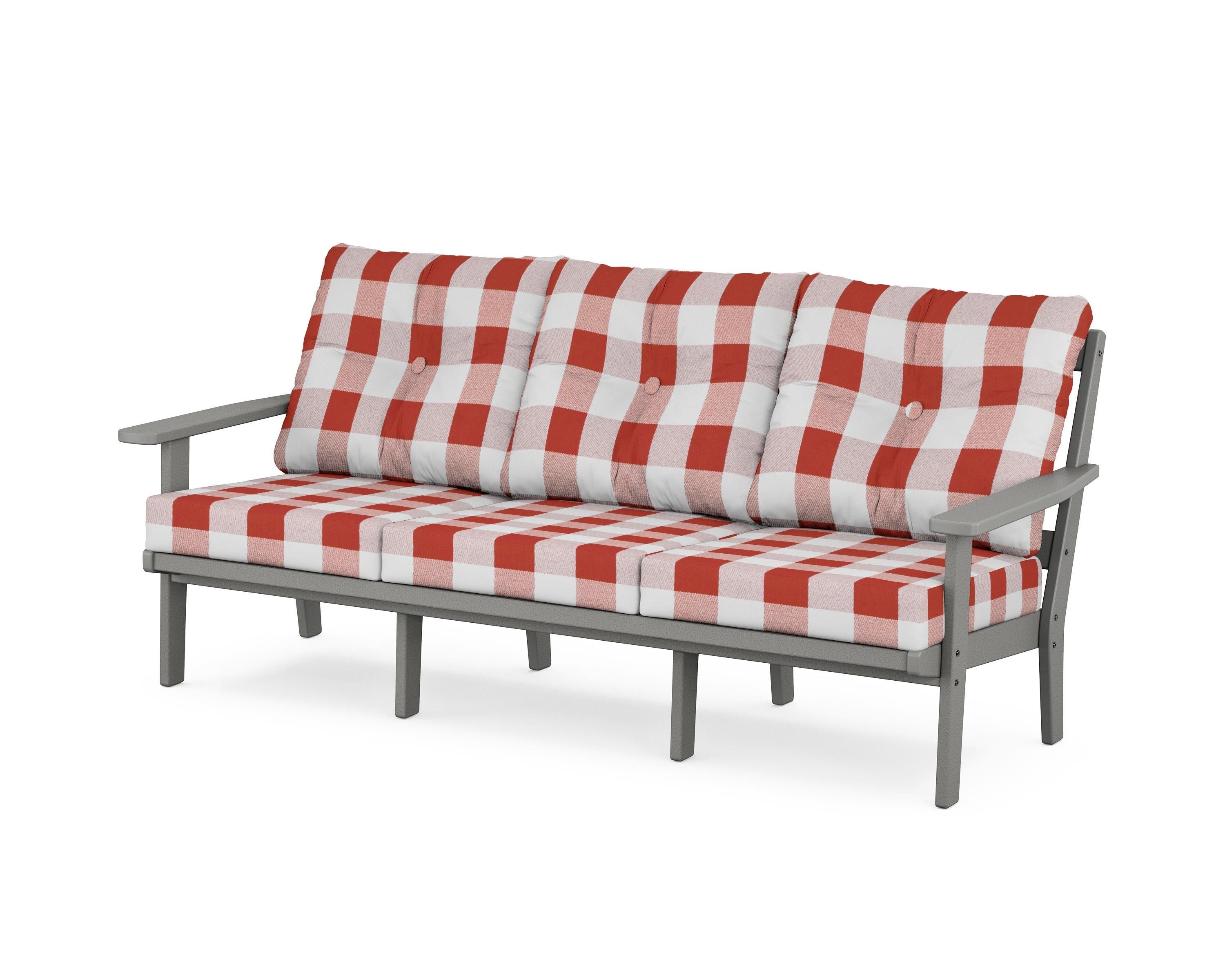 POLYWOOD® Oxford Deep Seating Sofa in Slate Grey / Buffalo Plaid Crimson
