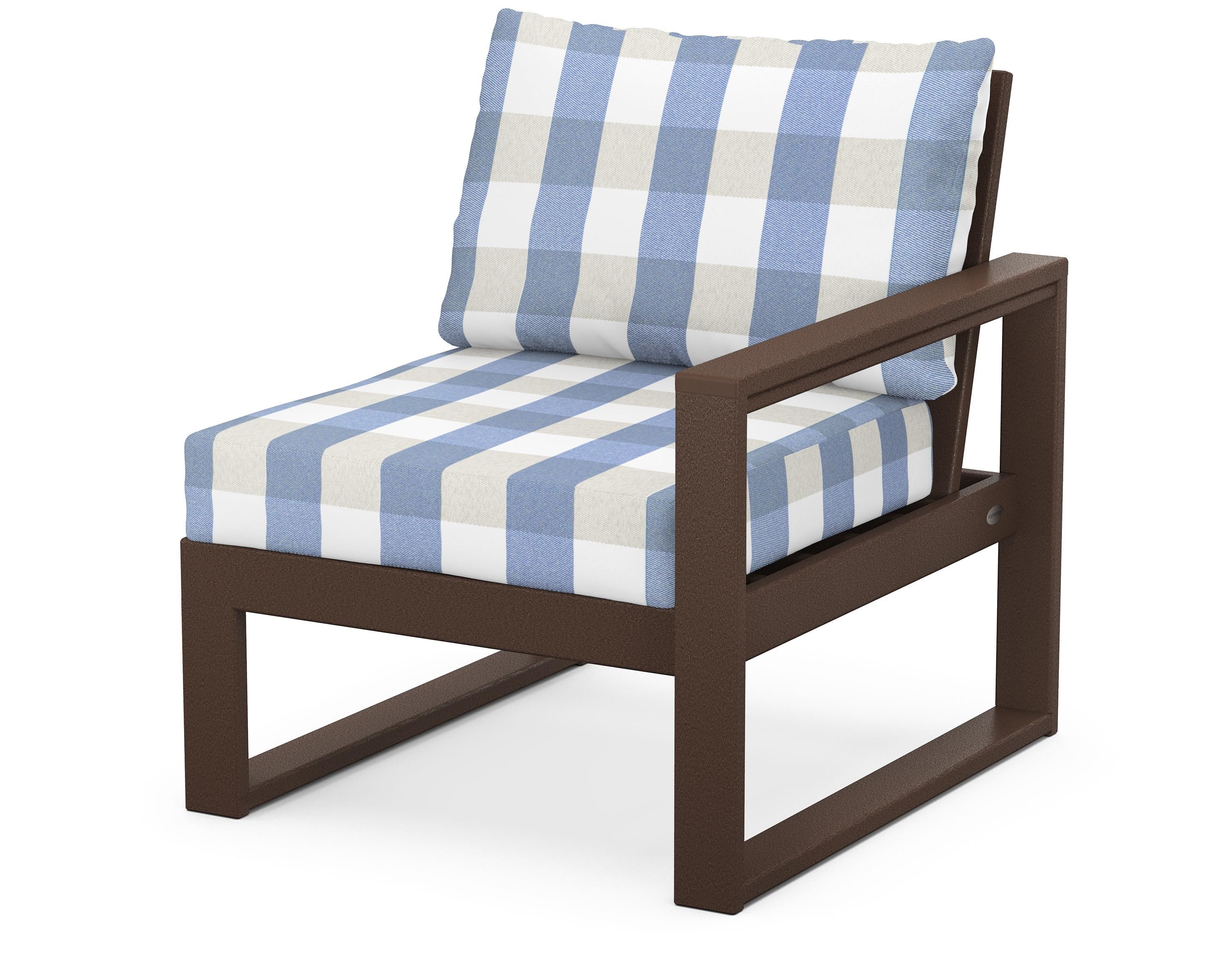 POLYWOOD® EDGE Modular Right Arm Chair in Mahogany / Buffalo Plaid Sky Blue