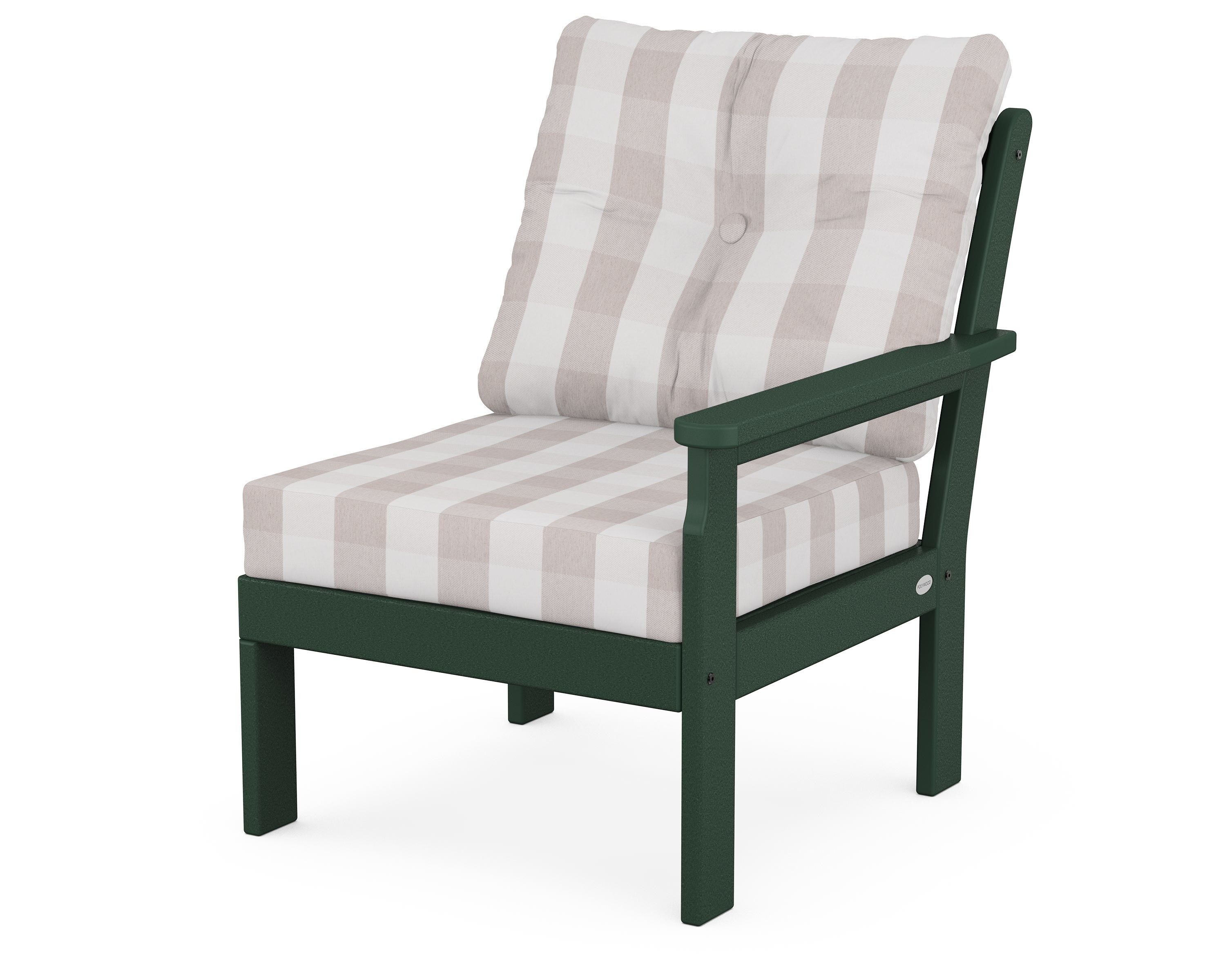 POLYWOOD® Vineyard Modular Right Arm Chair in Green / Buffalo Plaid Dune Burlap