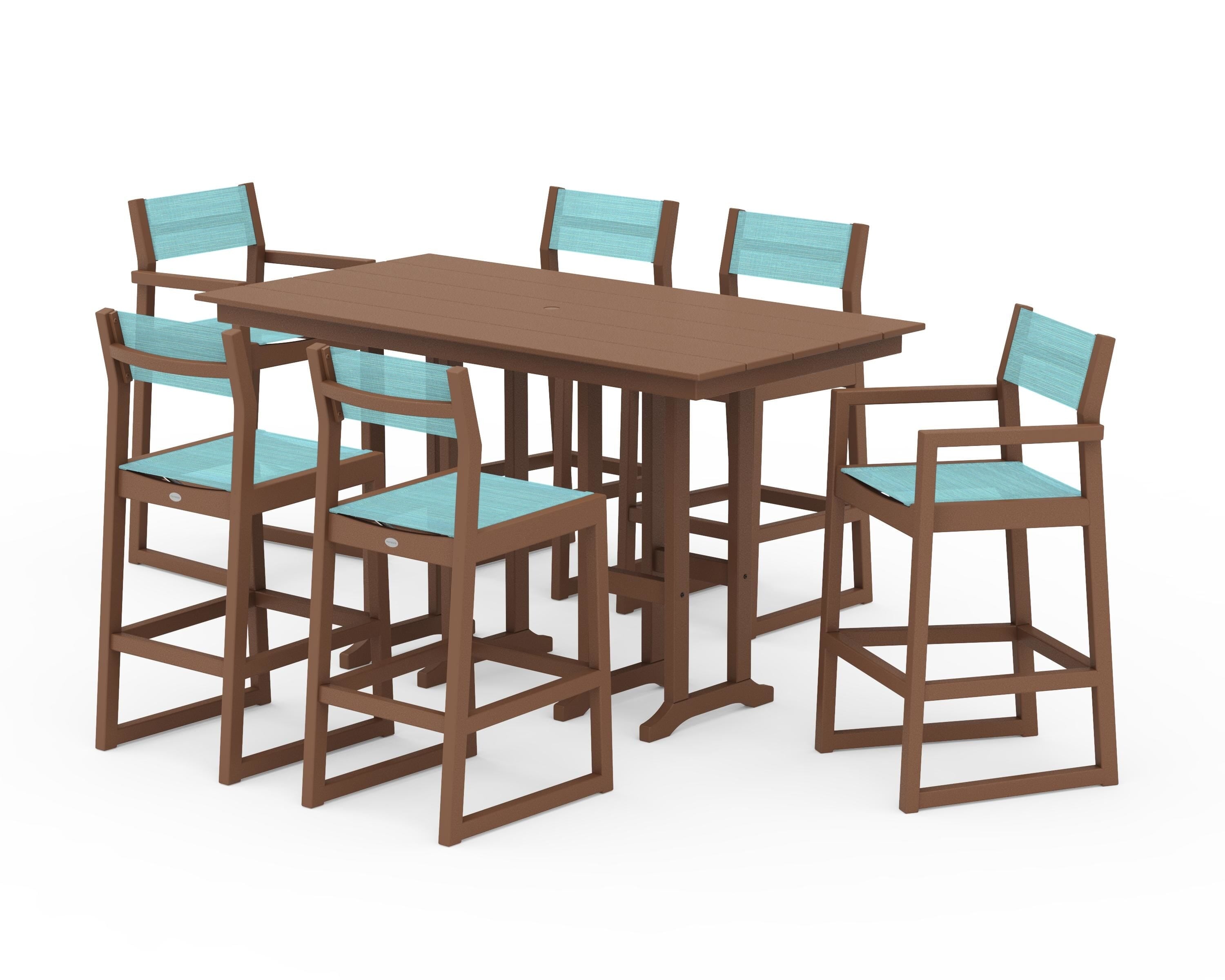 POLYWOOD® EDGE Sling 7-Piece Farmhouse Bar Set in Teak / Dupioni Aquamarine Sling