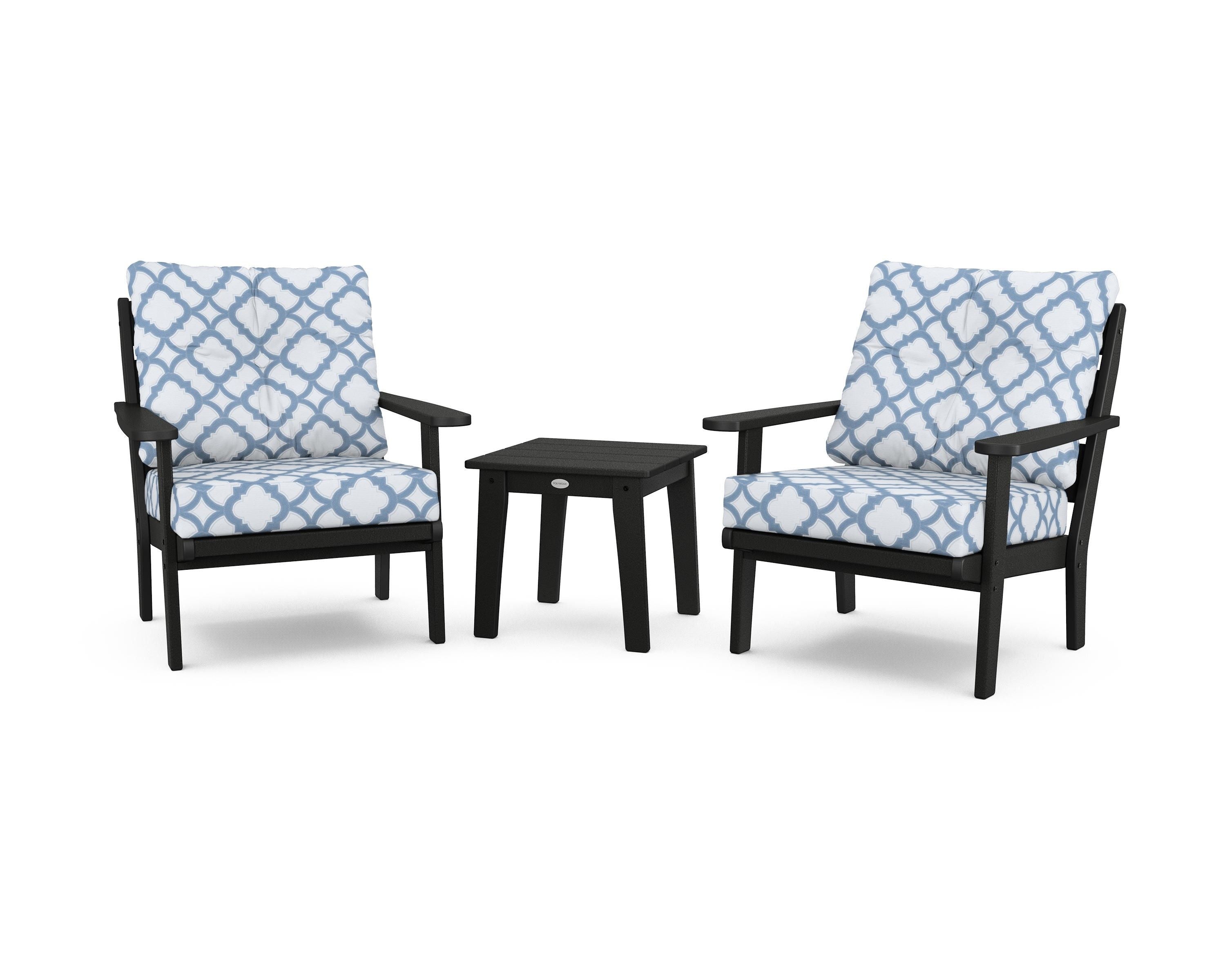 POLYWOOD® Lakeside 3-Piece Deep Seating Chair Set in Black / Trellis Sky Blue