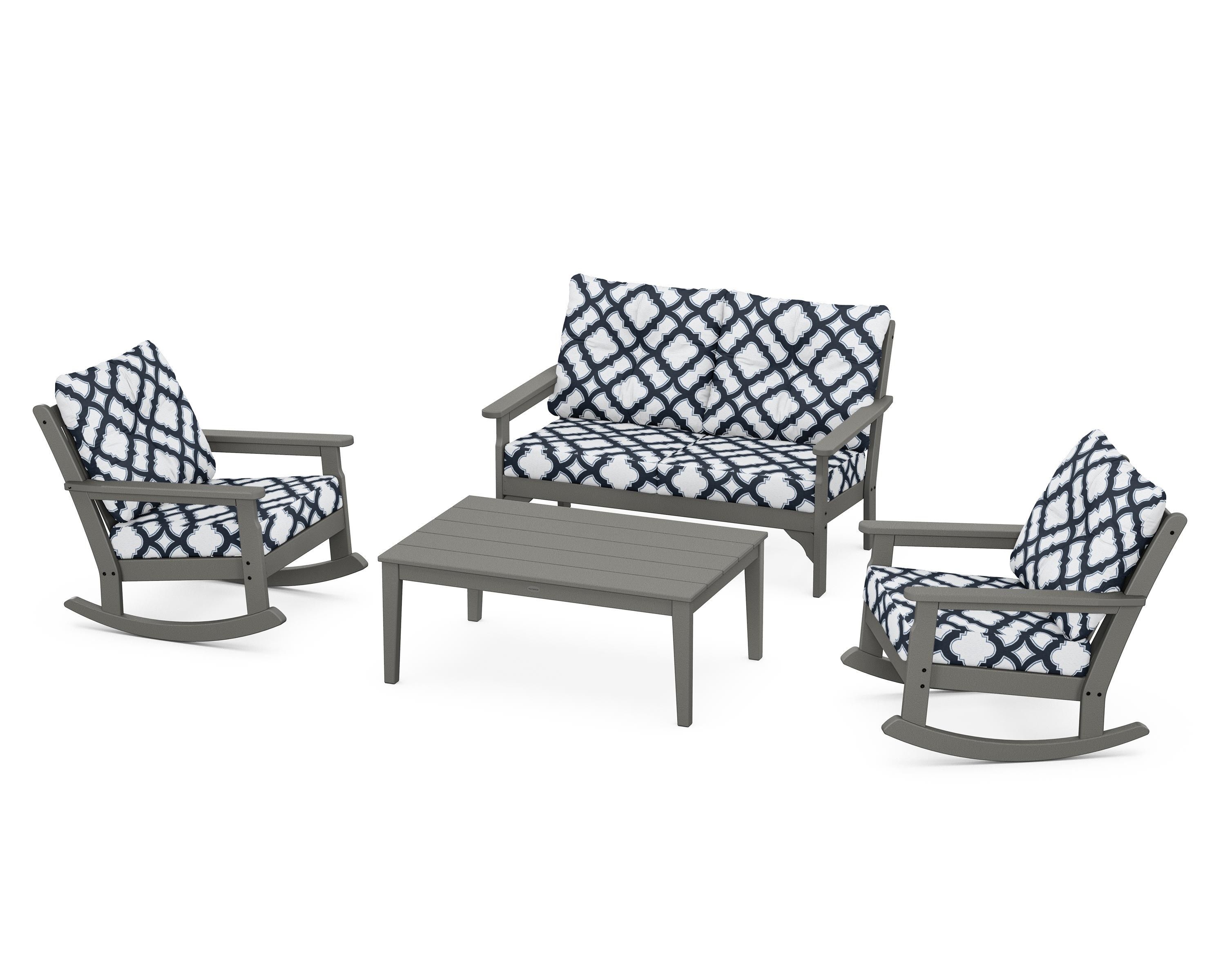 POLYWOOD® Vineyard 4-Piece Deep Seating Rocking Chair Set in Slate Grey / Trellis Marine Indigo