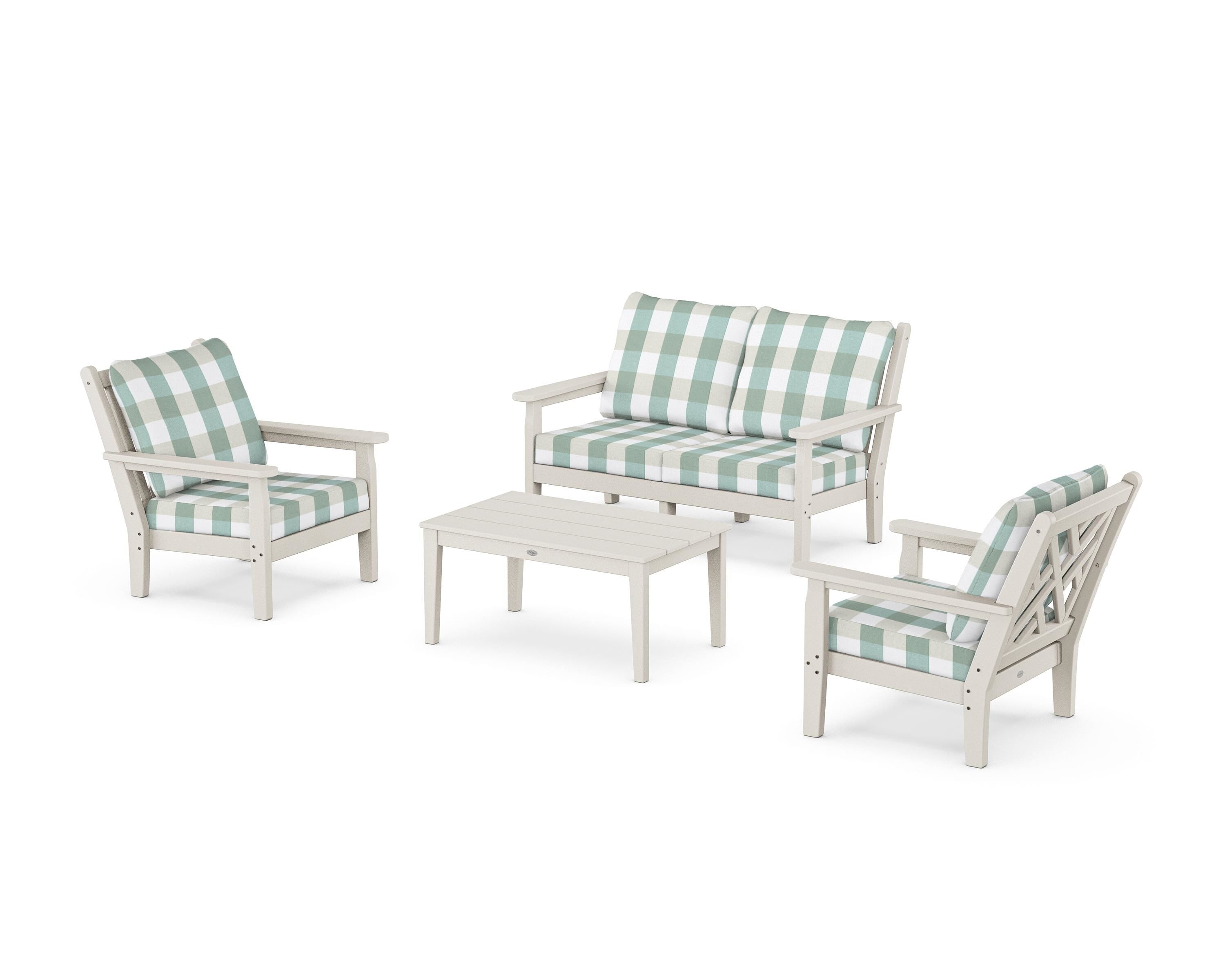 POLYWOOD® Chippendale 4-Piece Deep Seating Set with Loveseat in Sand / Buffalo Plaid Glacier Spa