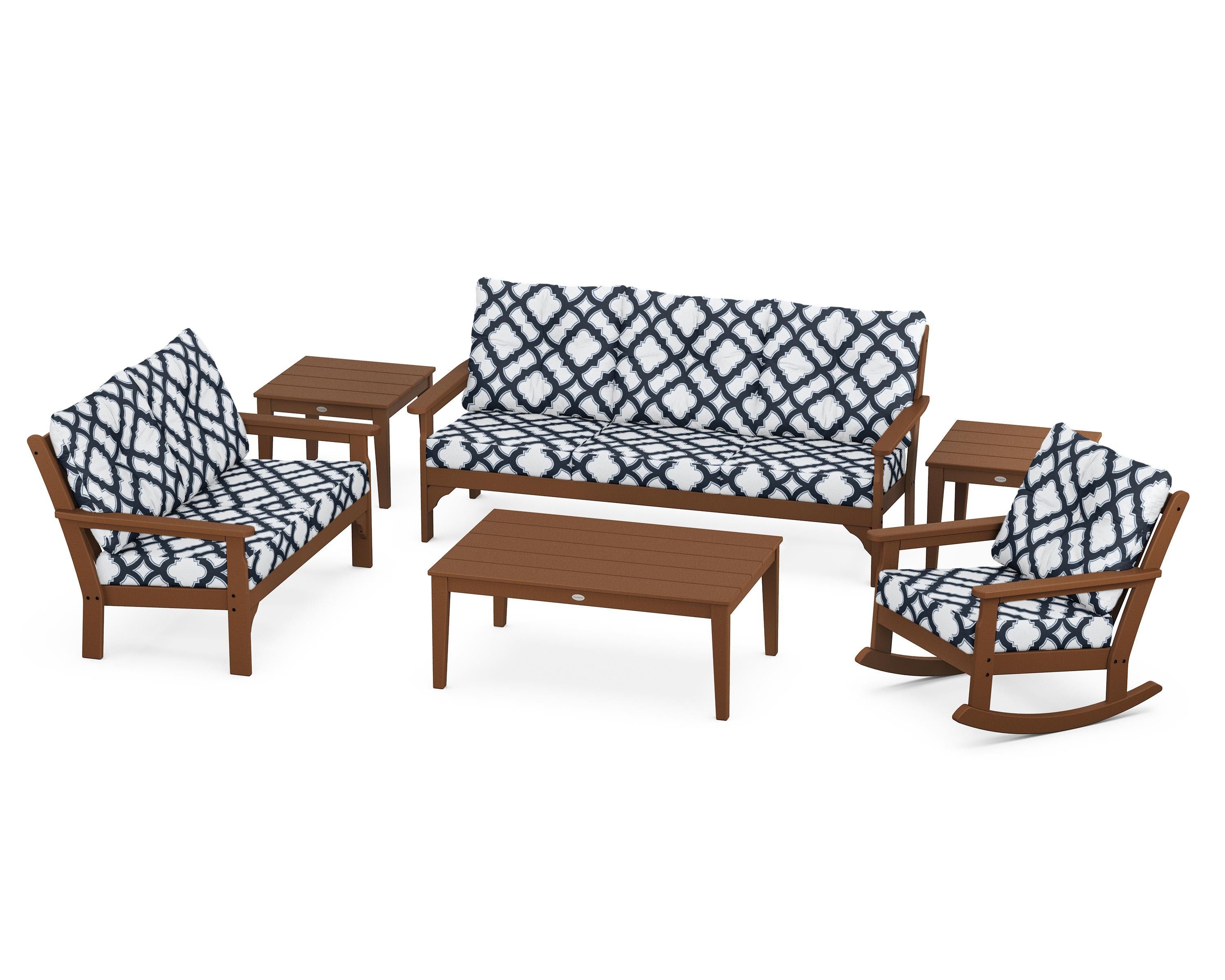POLYWOOD® Vineyard 6-Piece Deep Seating Set in Teak / Trellis Marine Indigo