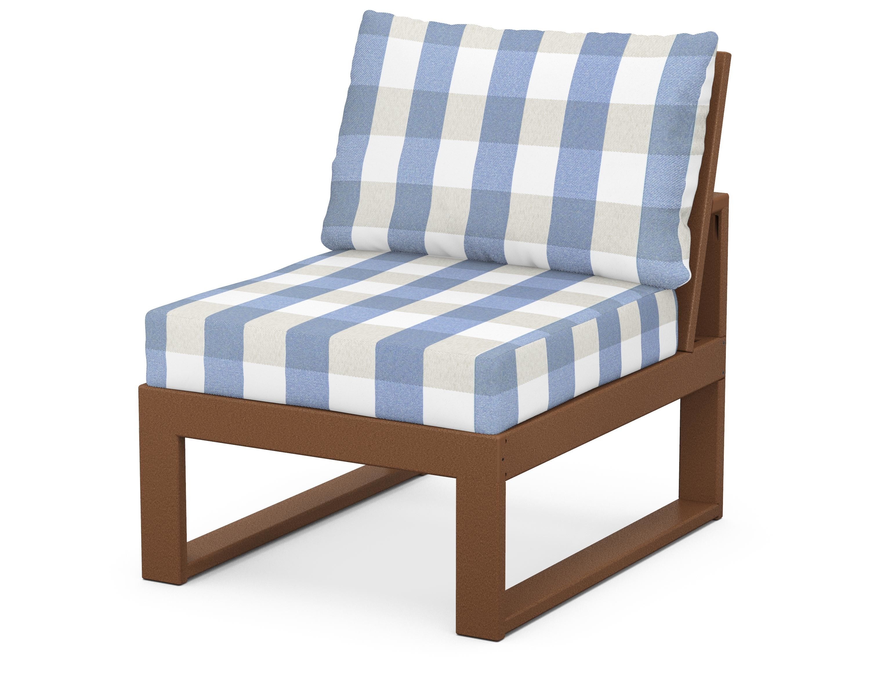 Unbranded Modular Armless Chair in Teak / Buffalo Plaid Sky Blue