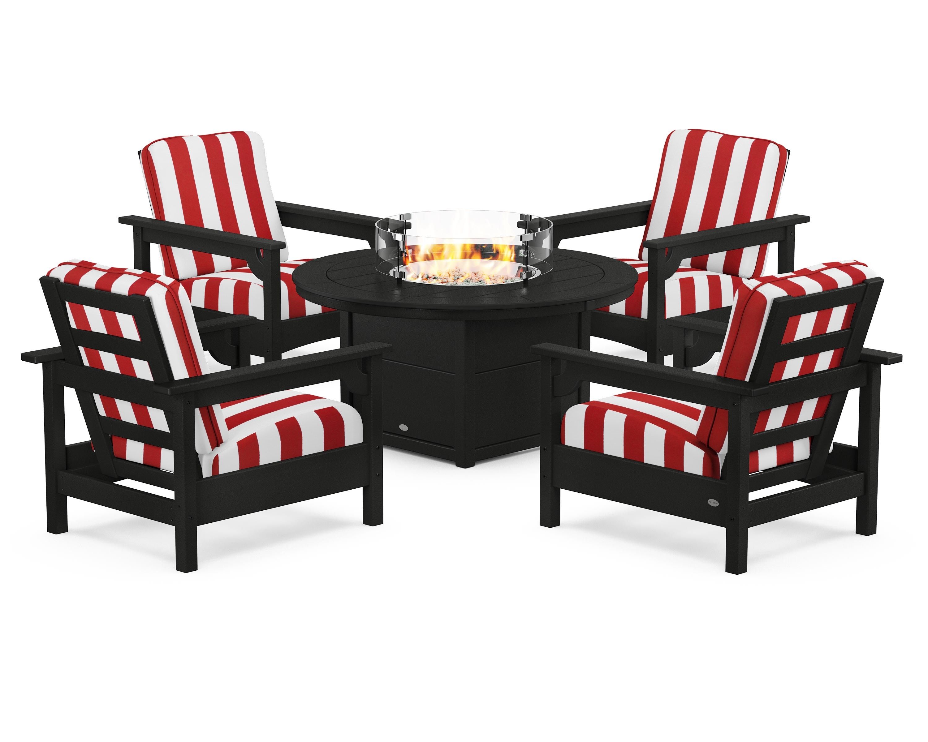 POLYWOOD® Club 5-Piece Conversation Set with Fire Pit Table in Black / Cabana Stripe Crimson