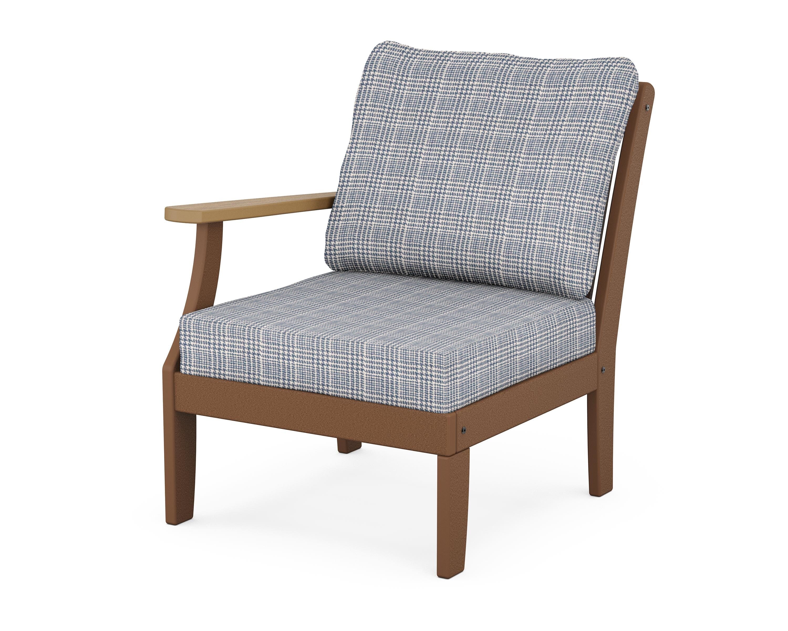 POLYWOOD® Braxton Modular Left Arm Chair in Teak / Natural / Houndstooth Sky Blue