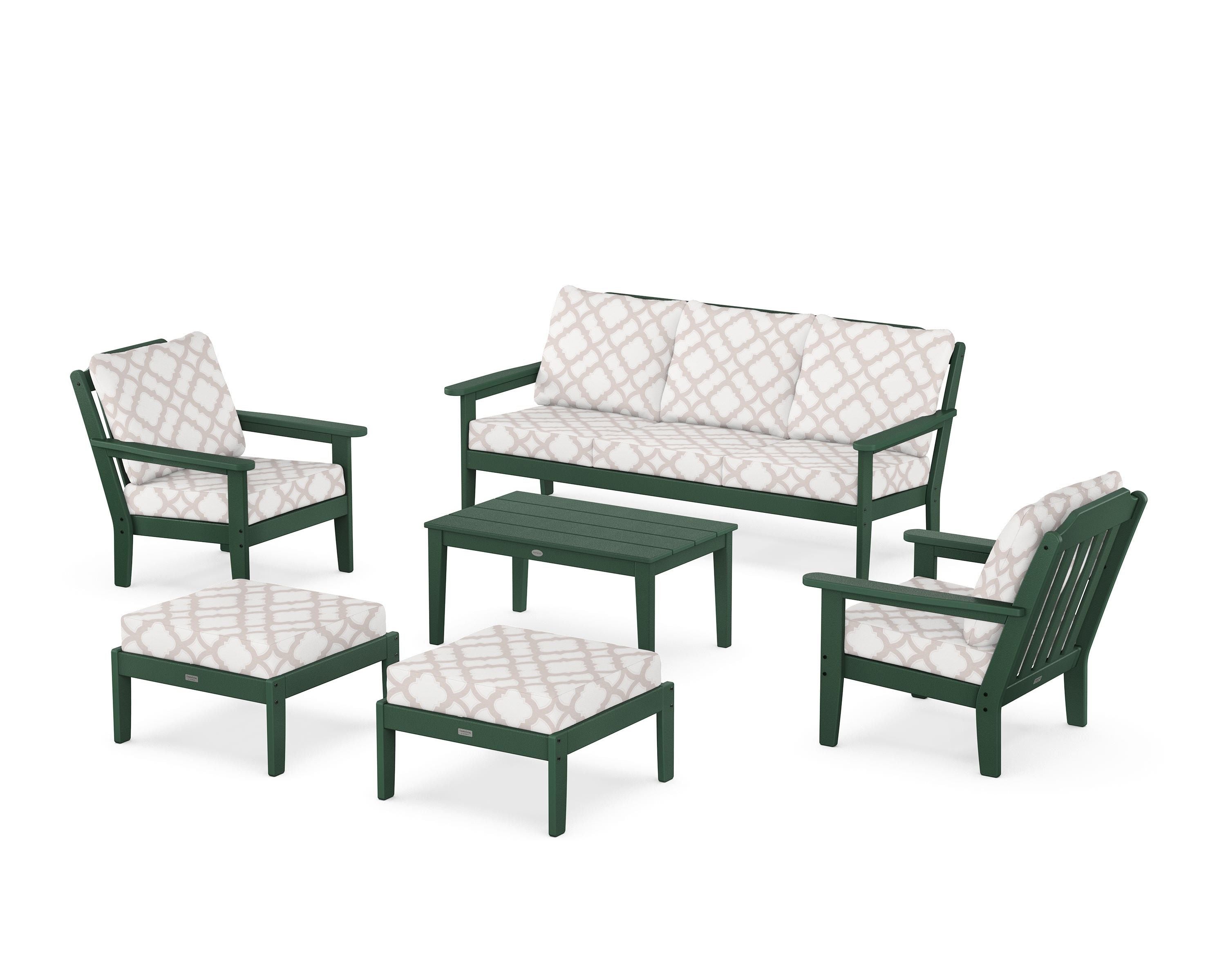 Country Living Cottage 6-Piece Lounge Sofa Set in Green / Trellis Dune Burlap