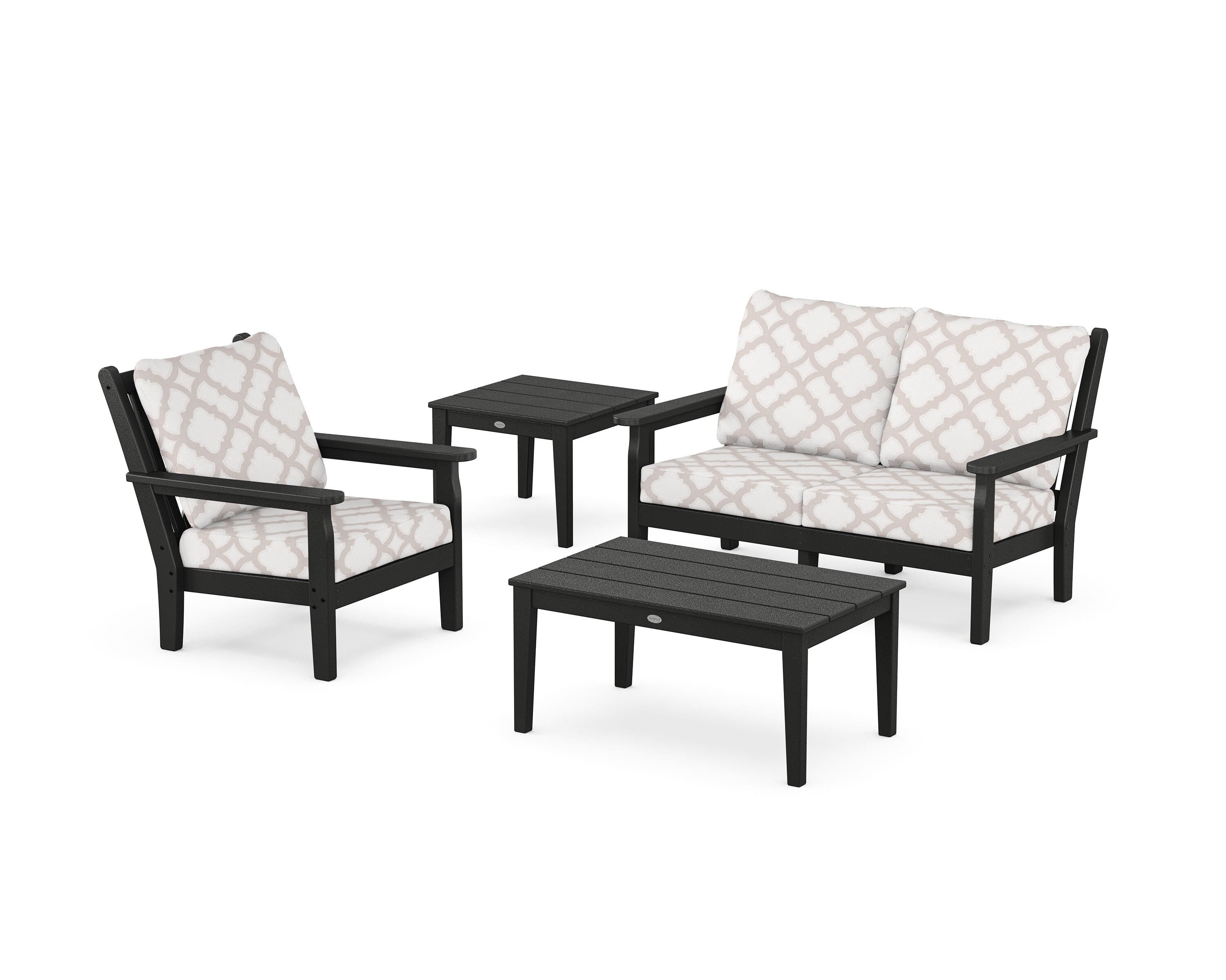 POLYWOOD® Chippendale 4-Piece Deep Seating Set in Black / Trellis Dune Burlap