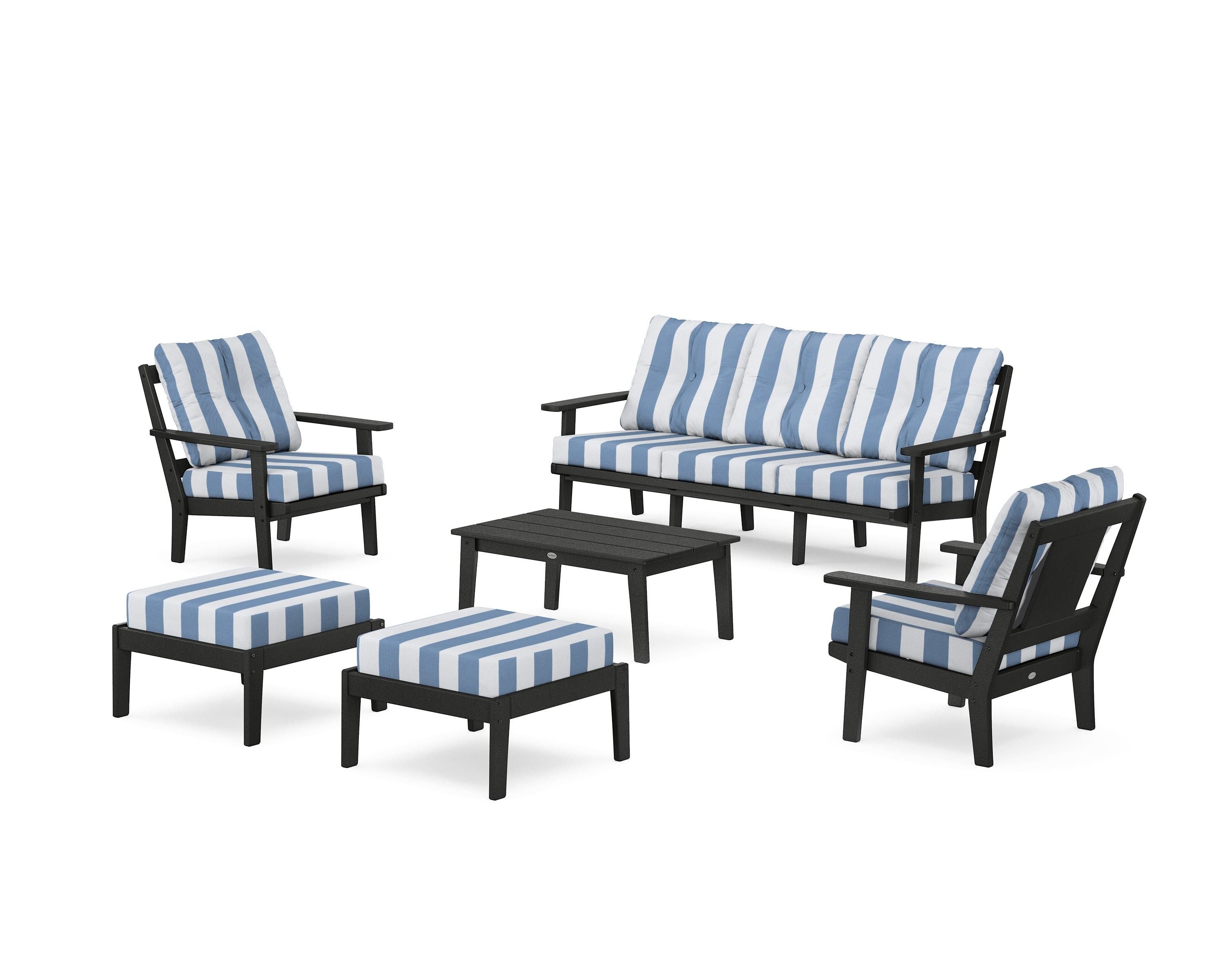 POLYWOOD® Prairie 6-Piece Lounge Sofa Set in Black / Cabana Stripe Sky Blue