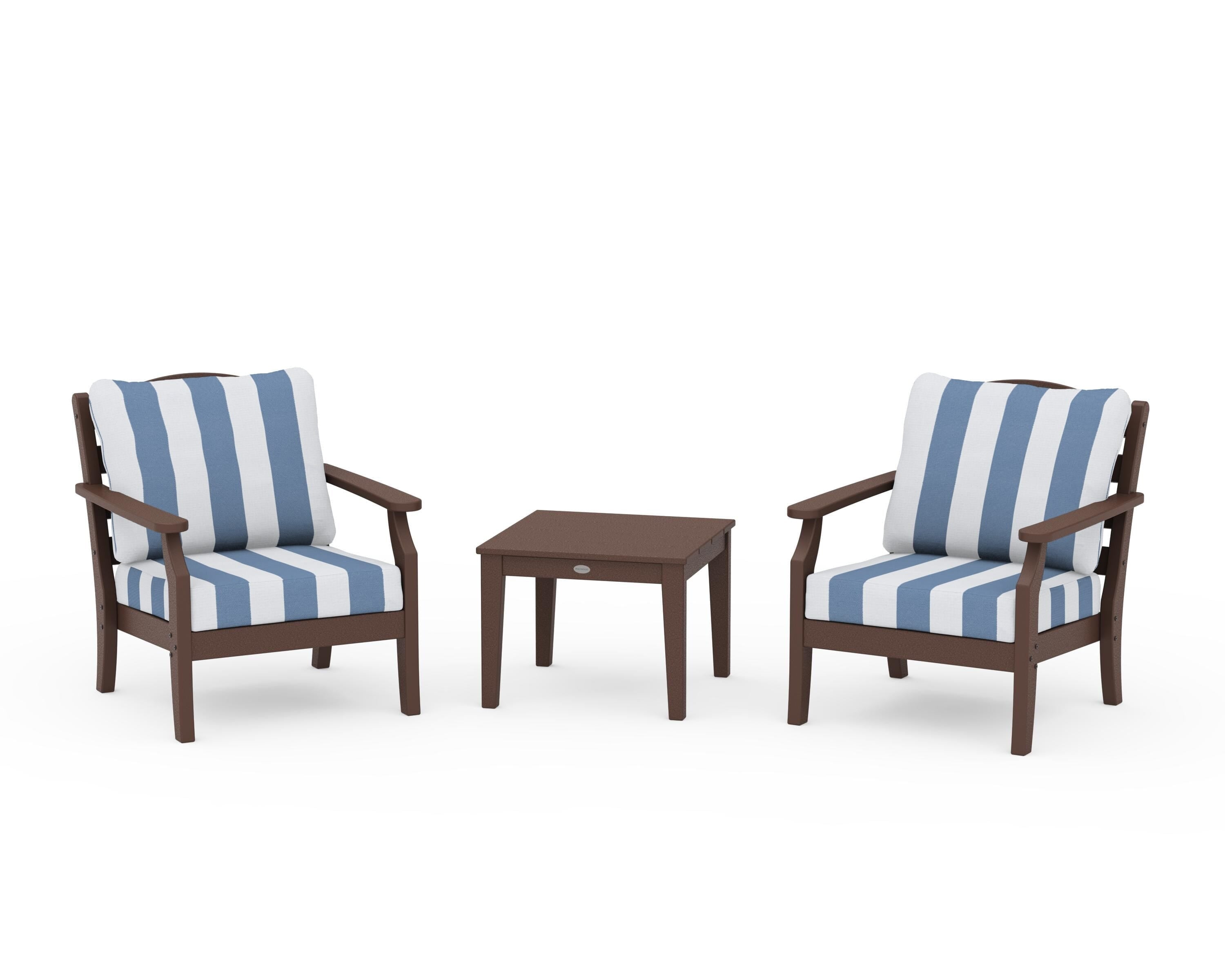 Draper James™ by POLYWOOD® Savannah 3-Piece Deep Seating Set in Mahogany / Cabana Stripe Sky Blue