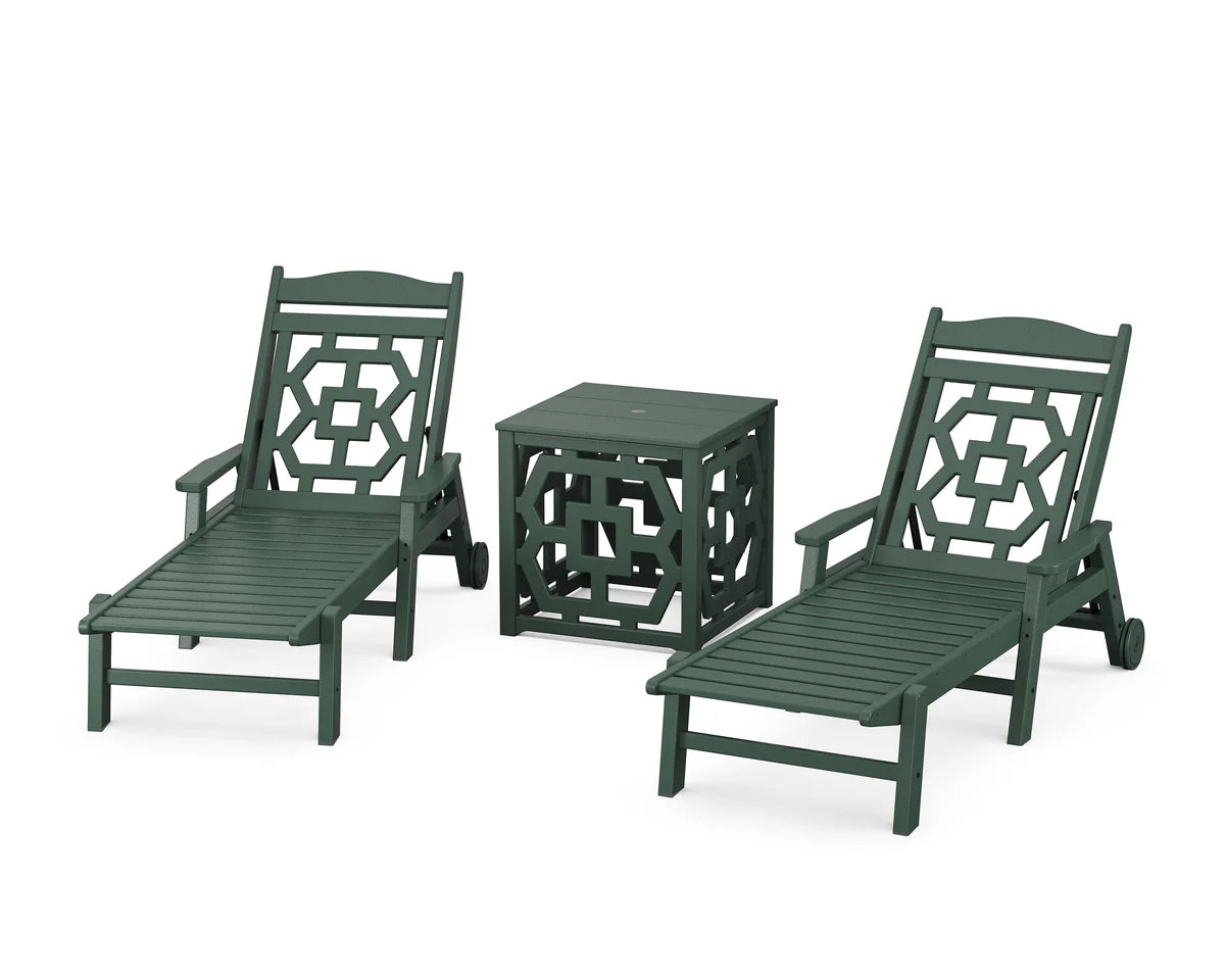 Chinoiserie 3-Piece Chaise Set with Umbrella Stand Accent Table