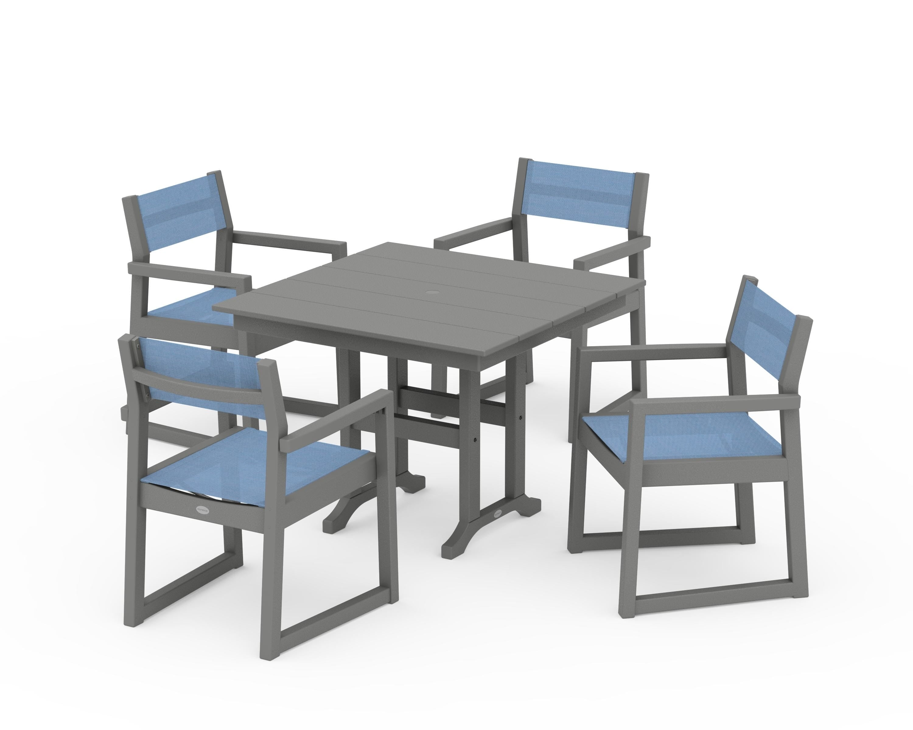 POLYWOOD® EDGE Sling Arm Chair 5-Piece Farmhouse Dining Set in Slate Grey / Poolside Sling