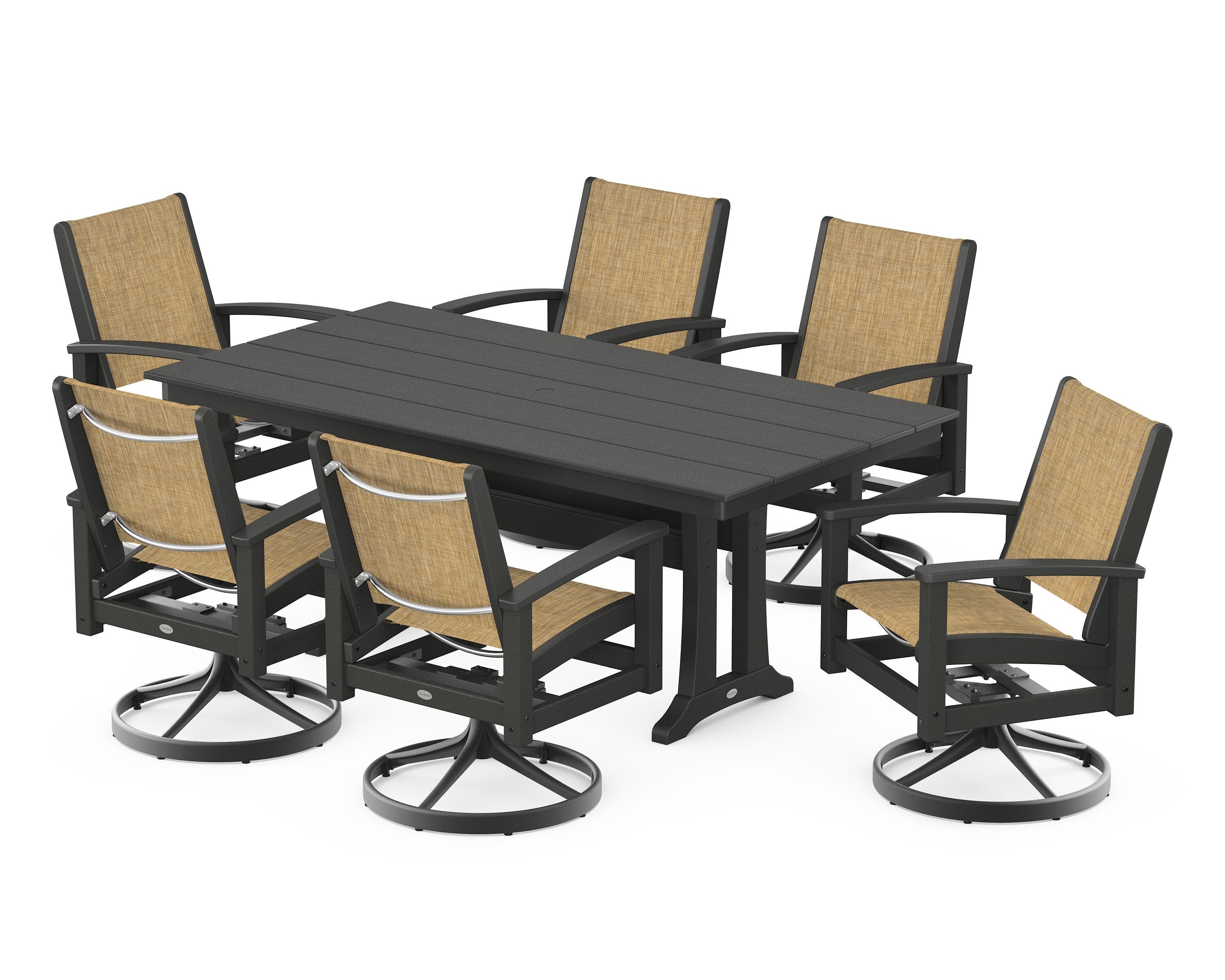 POLYWOOD® 7 Piece Coastal Swivel Rocker Dining Set in Textured Black / Black / Burlap Sling