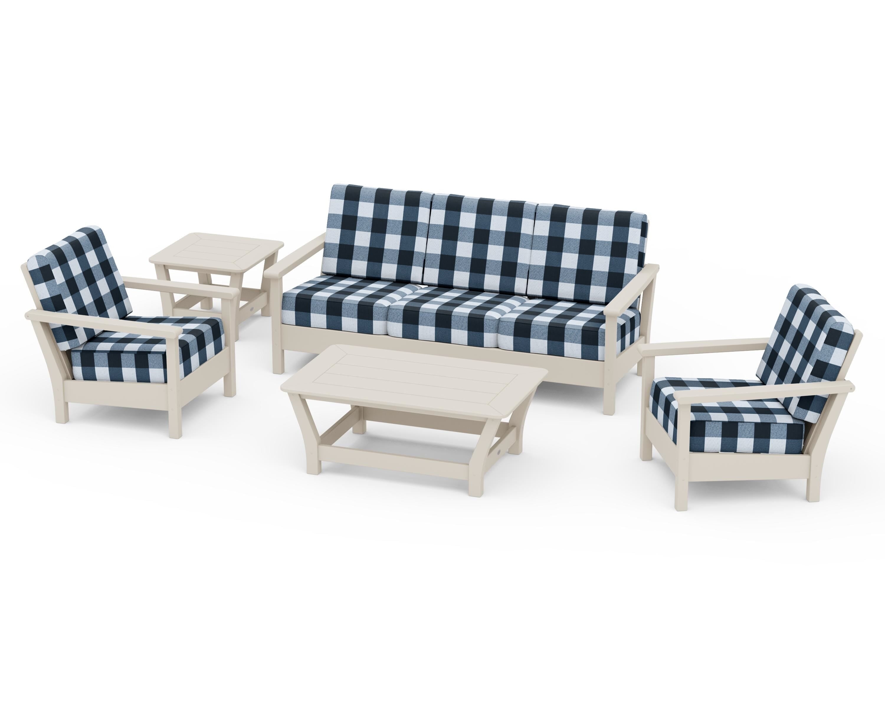 POLYWOOD® Harbour 5-Piece Deep Seating Set in Sand / Buffalo Plaid Marine Indigo