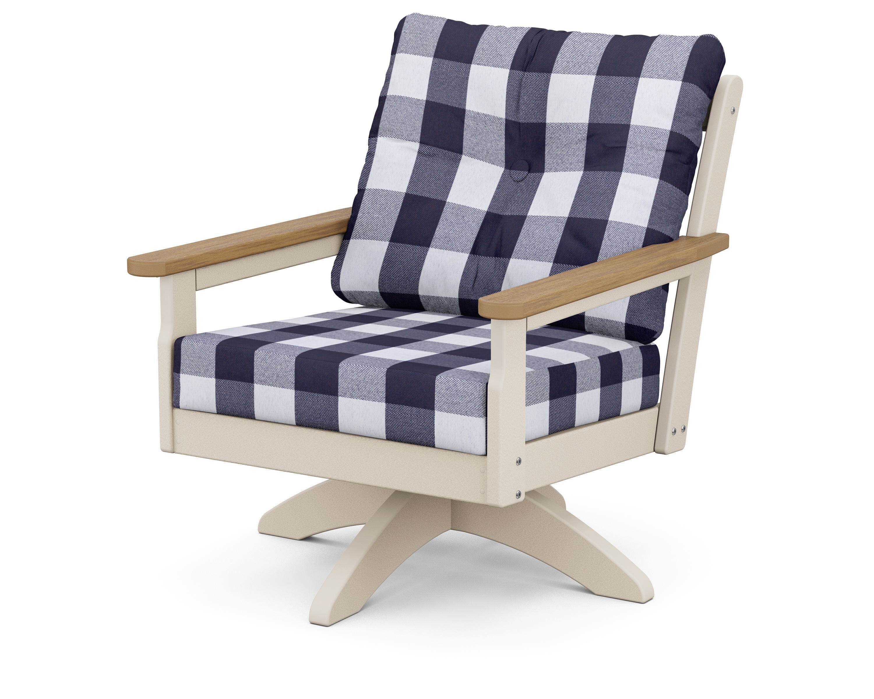 POLYWOOD® Vineyard Deep Seating Swivel Chair in Sand / Natural / Buffalo Plaid Navy