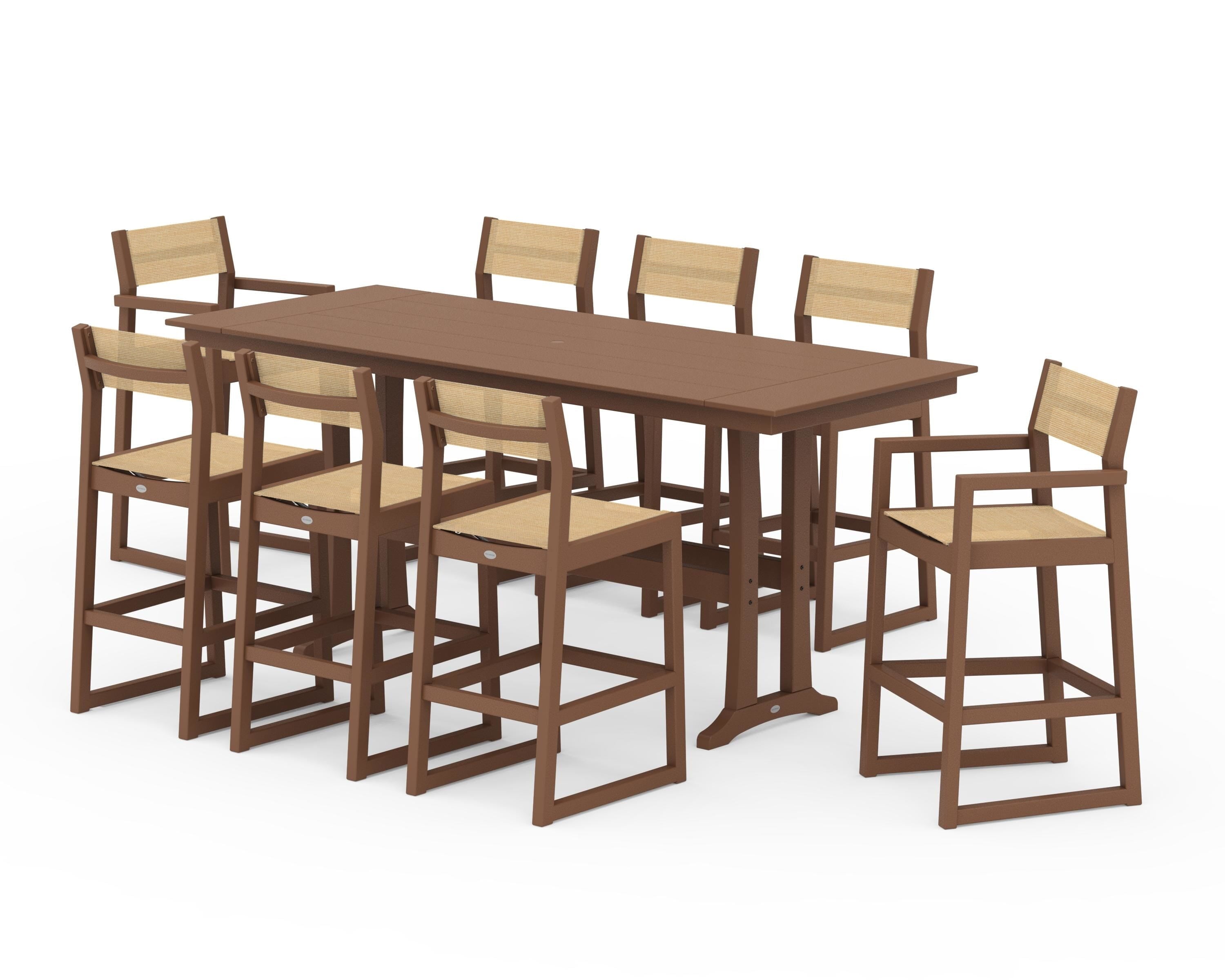 POLYWOOD® EDGE Sling 9-Piece Farmhouse Bar Set with Trestle Legs in Teak / Dupioni Apricot Sling