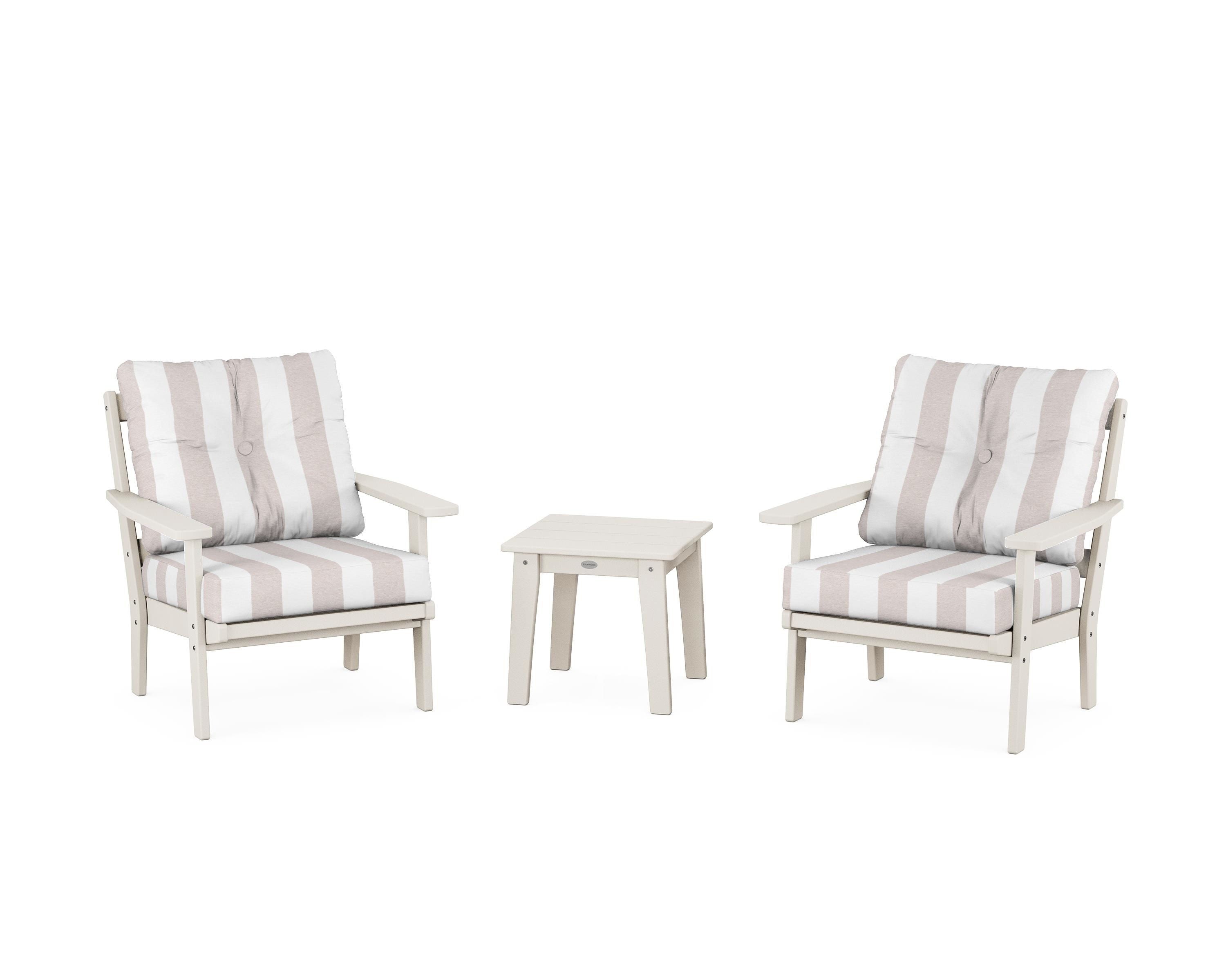 POLYWOOD® Oxford 3-Piece Deep Seating Set in Sand / Cabana Stripe Dune Burlap
