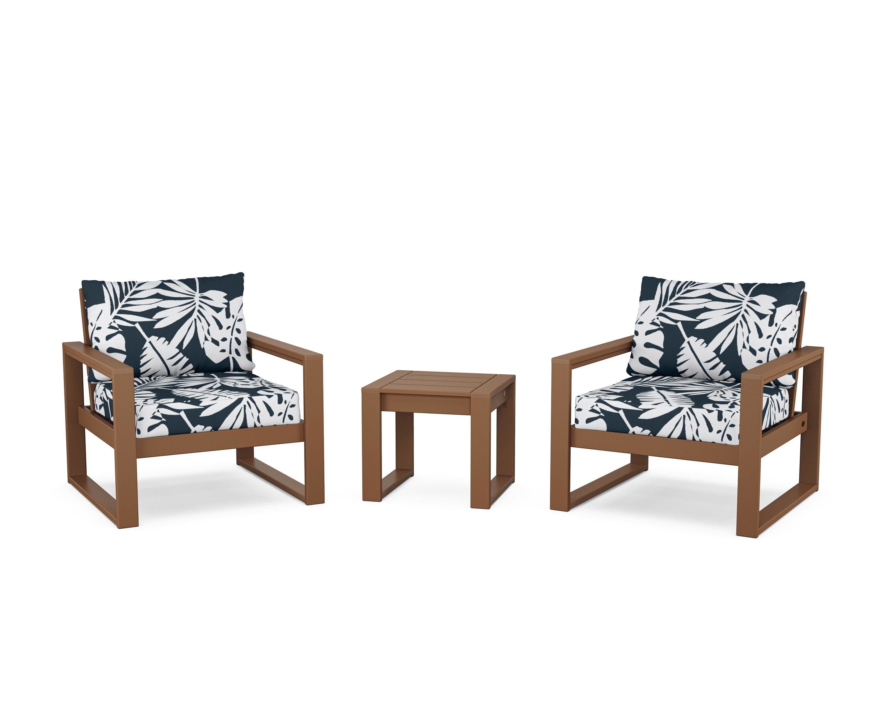 POLYWOOD® EDGE Sectional 3-Piece Deep Seating Set in Teak / Leaf Marine Indigo
