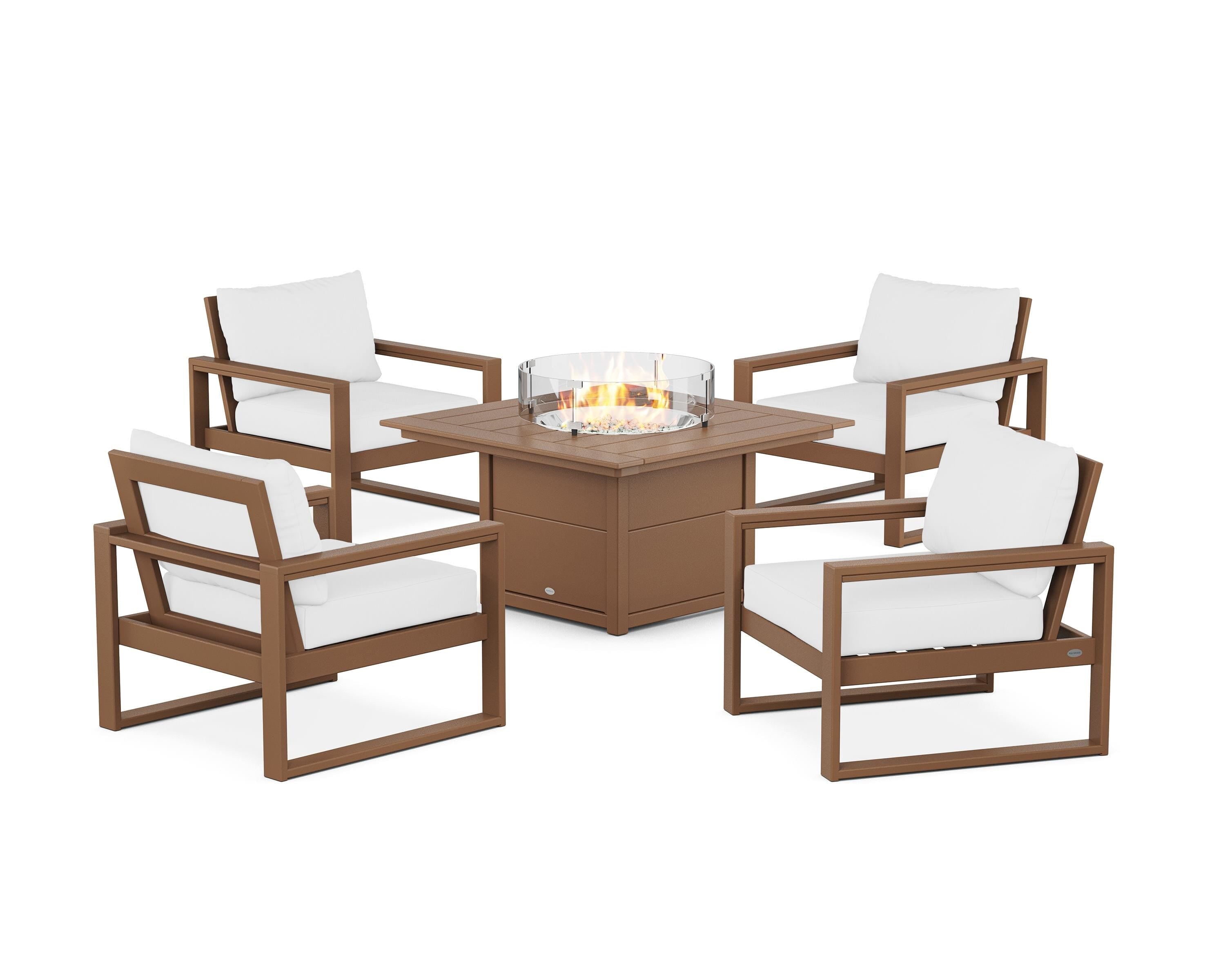 POLYWOOD® EDGE Sectional 5-Piece Deep Seating Set with Fire Pit Table in Teak / Natural