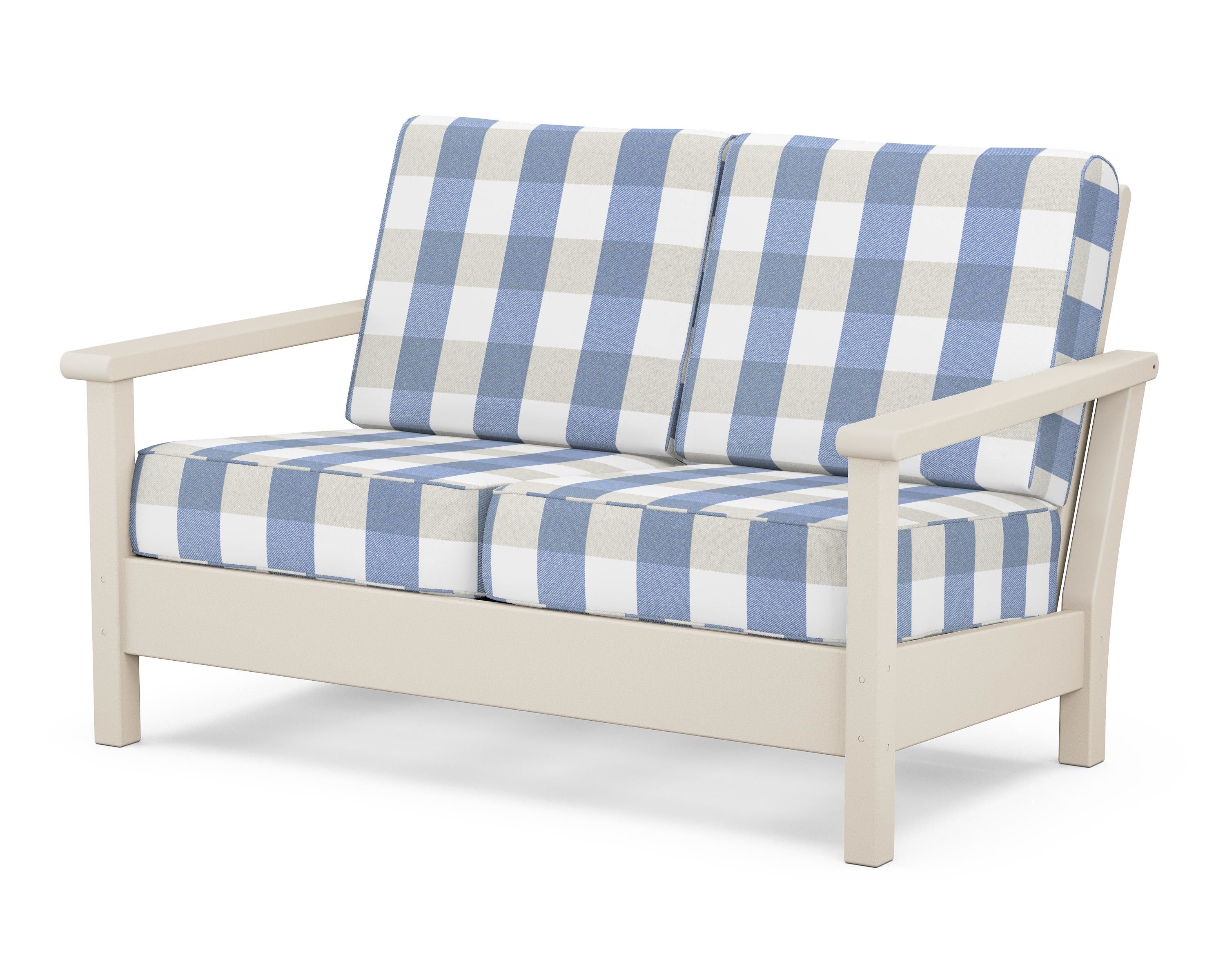 POLYWOOD® Harbour Deep Seating Loveseat in Sand / Buffalo Plaid Sky Blue