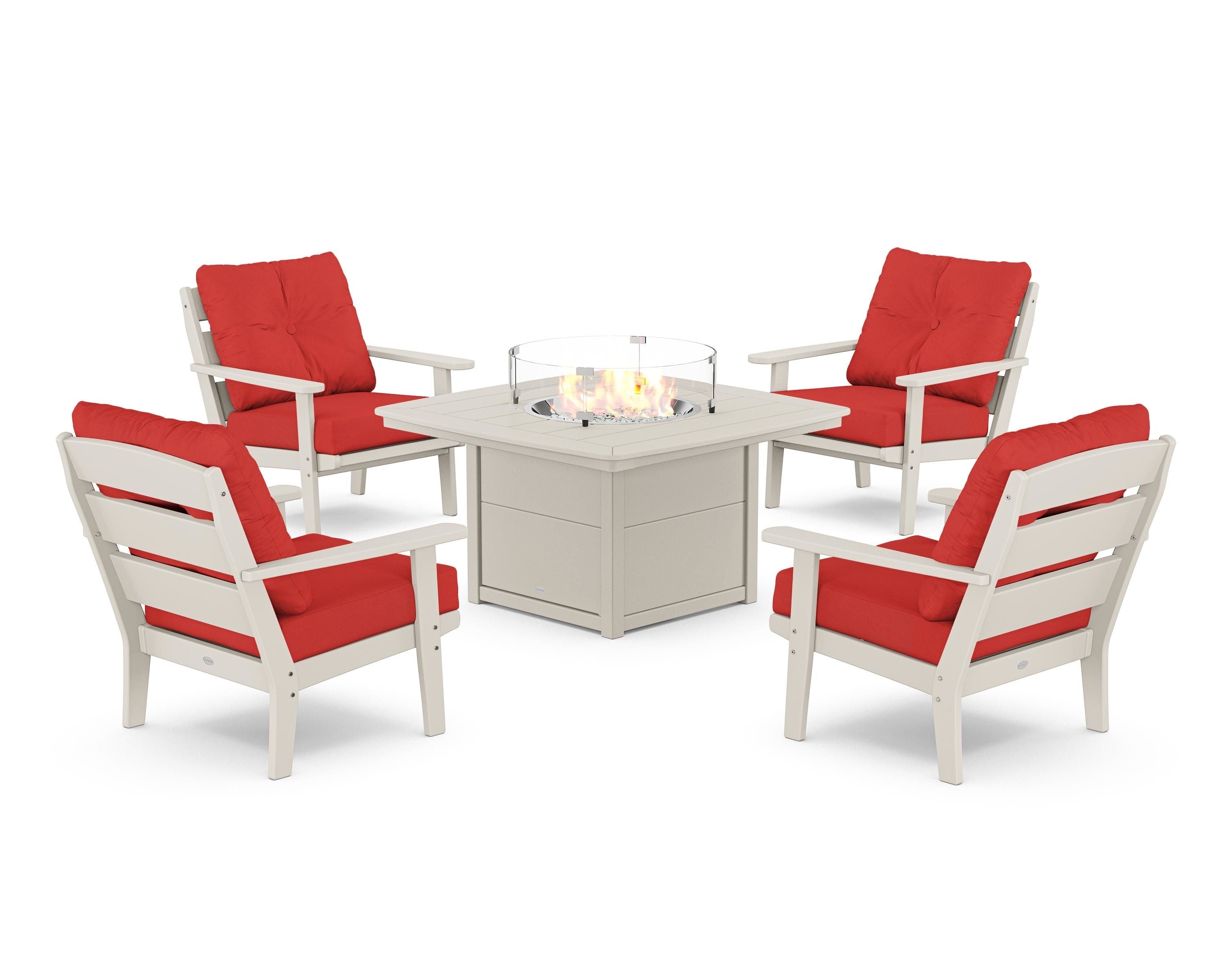 POLYWOOD® Lakeside 5-Piece Deep Seating Set with Nautical Fire Pit Table in Sand / Crimson Linen