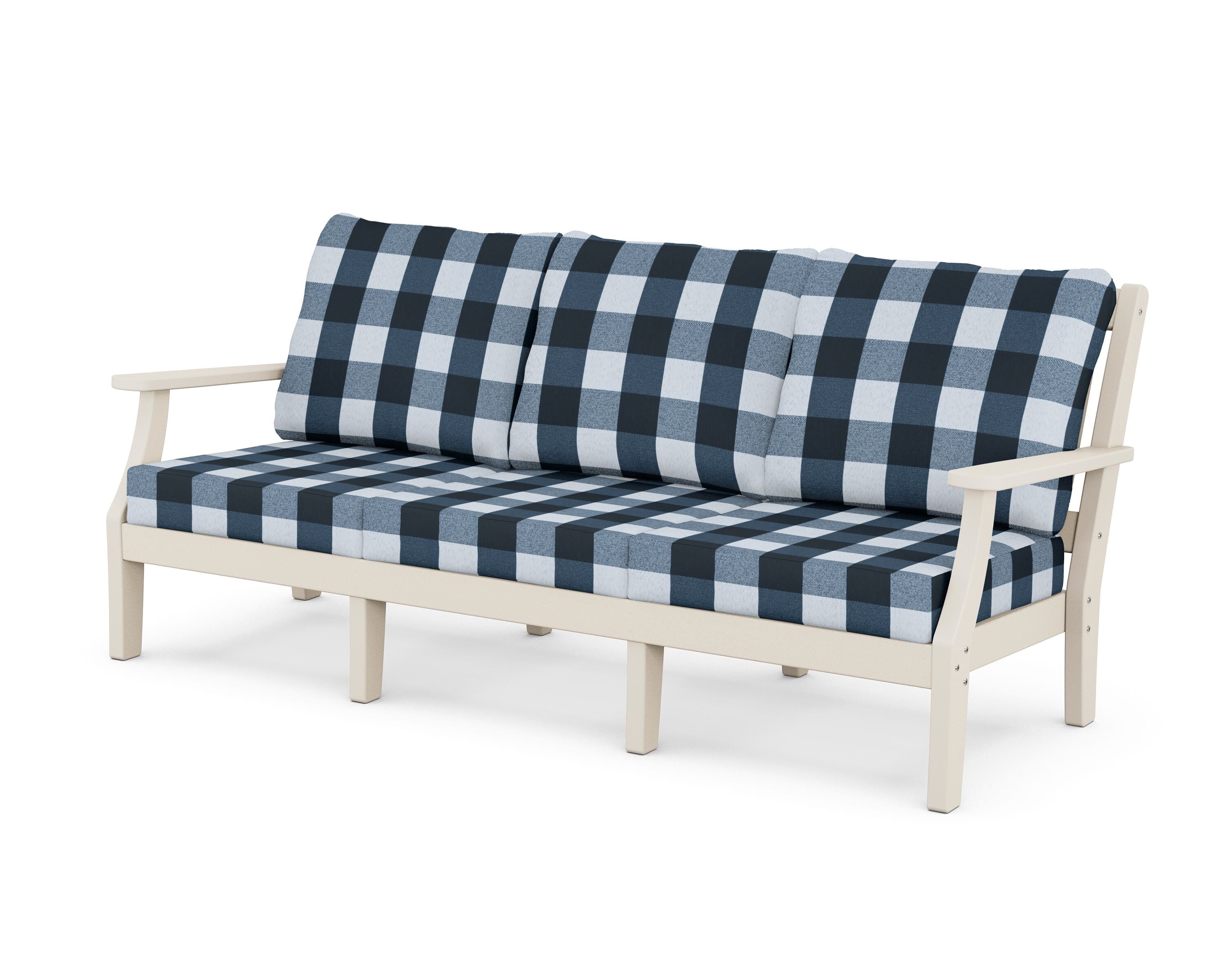 Martha Stewart by POLYWOOD® Chinoiserie Deep Seating Sofa in Sand / Buffalo Plaid Marine Indigo