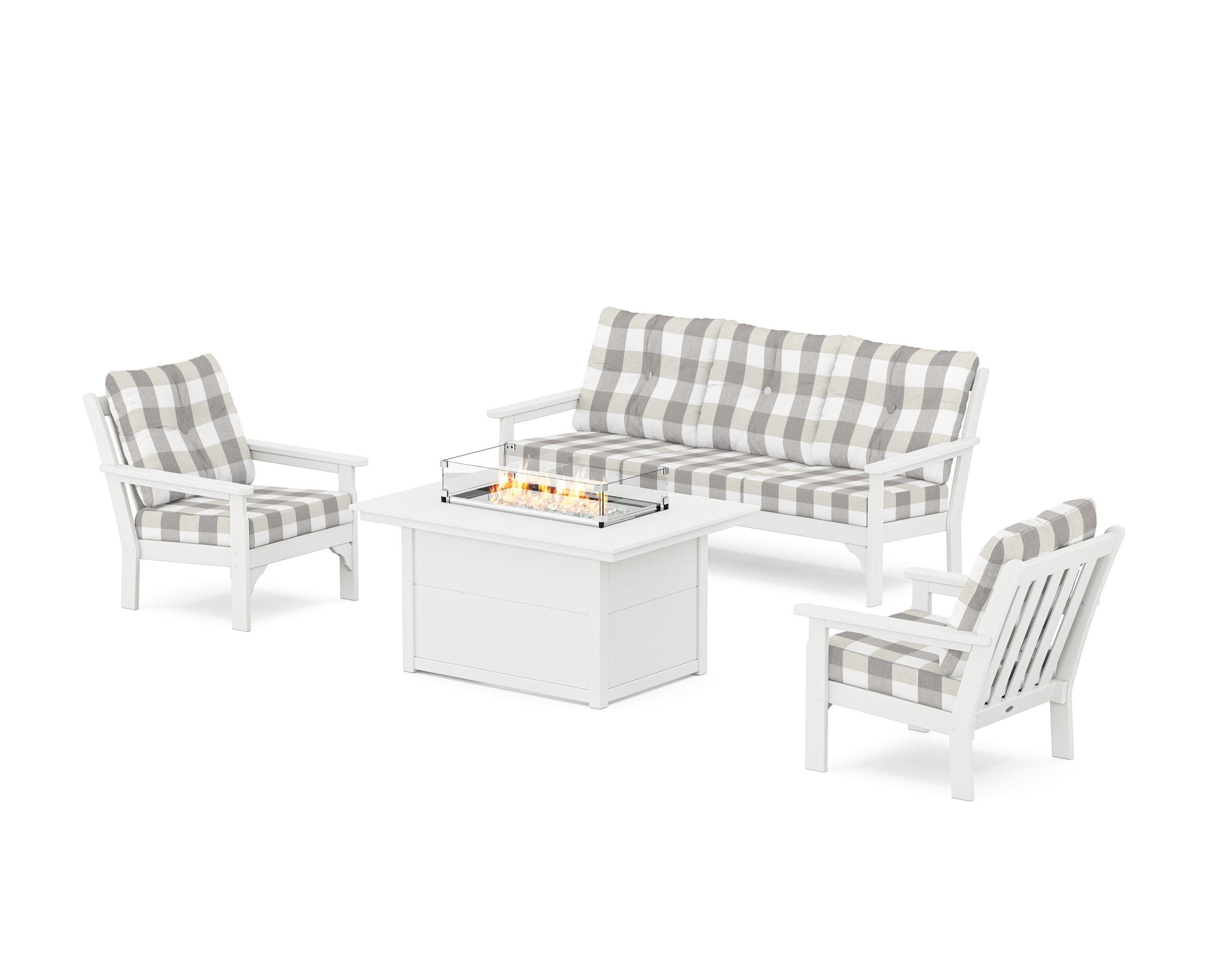 POLYWOOD® Vineyard Deep Seating Fire Pit Table Set in White / Buffalo Plaid Grey Mist